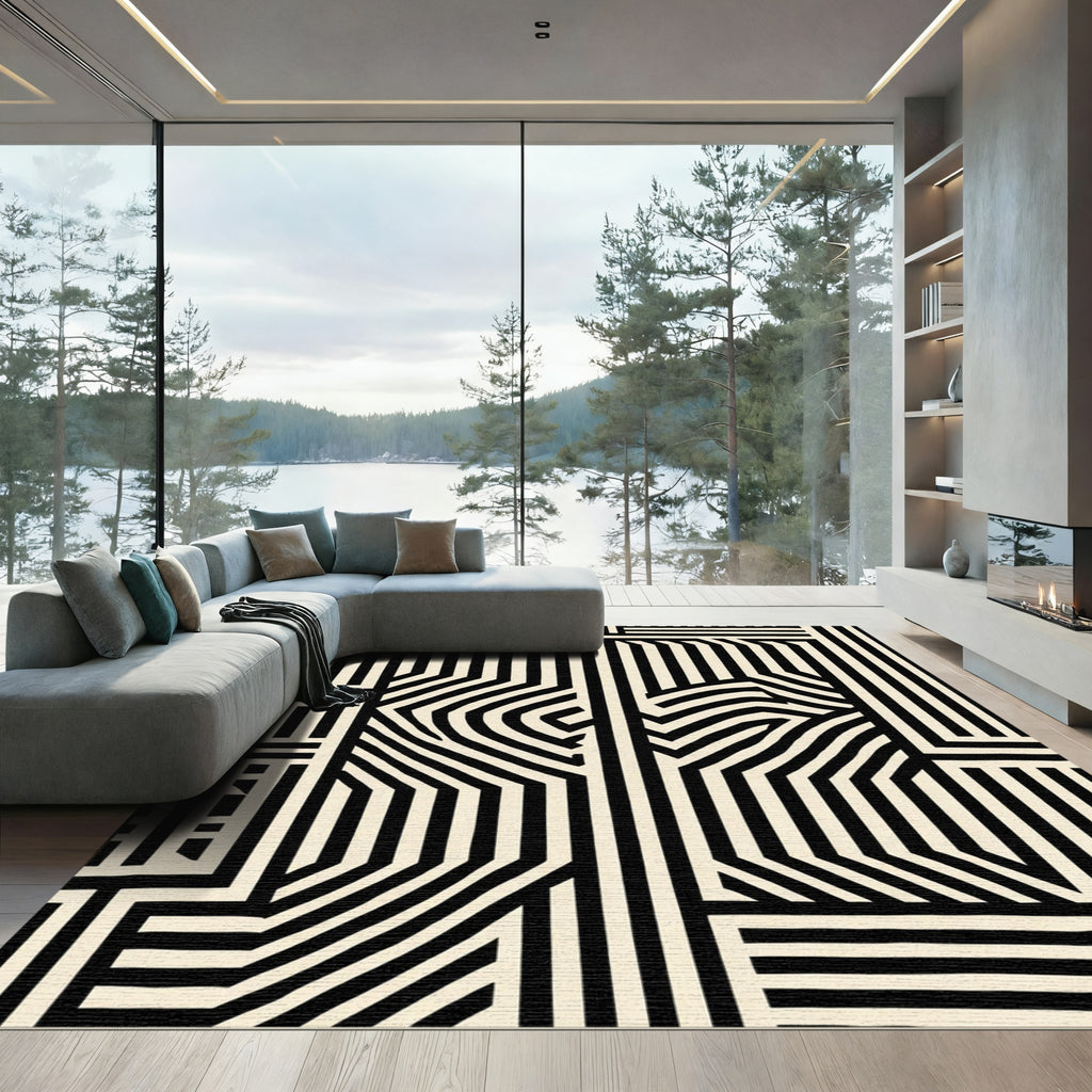 Chic Black Cream Interlocking Geometric Rug