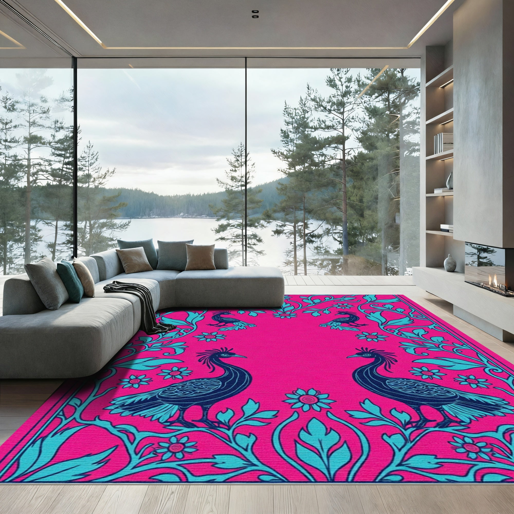 Vibrant Pink Teal Peacock Floral Rug