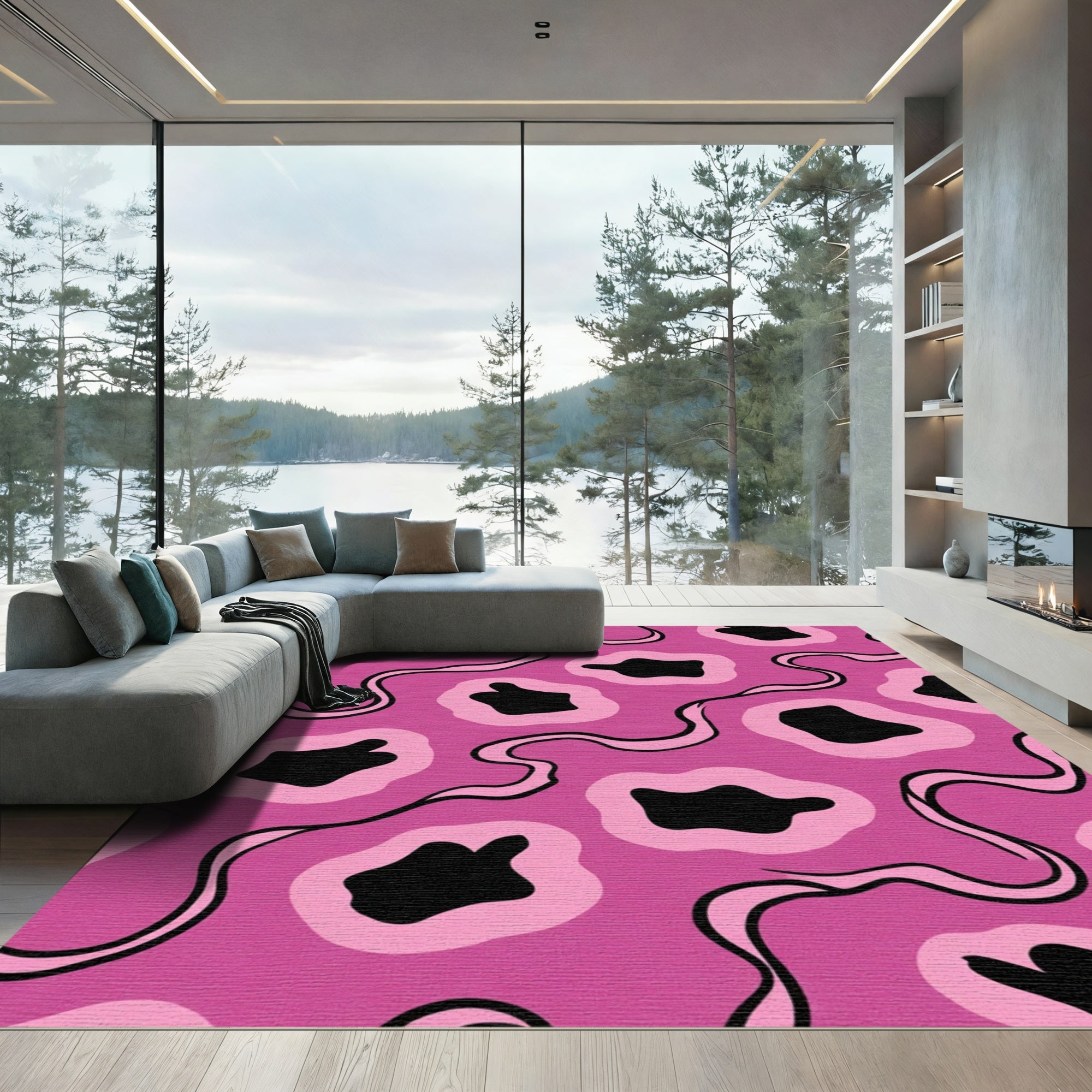 Pink Abstract Blob Wavy Line Rug