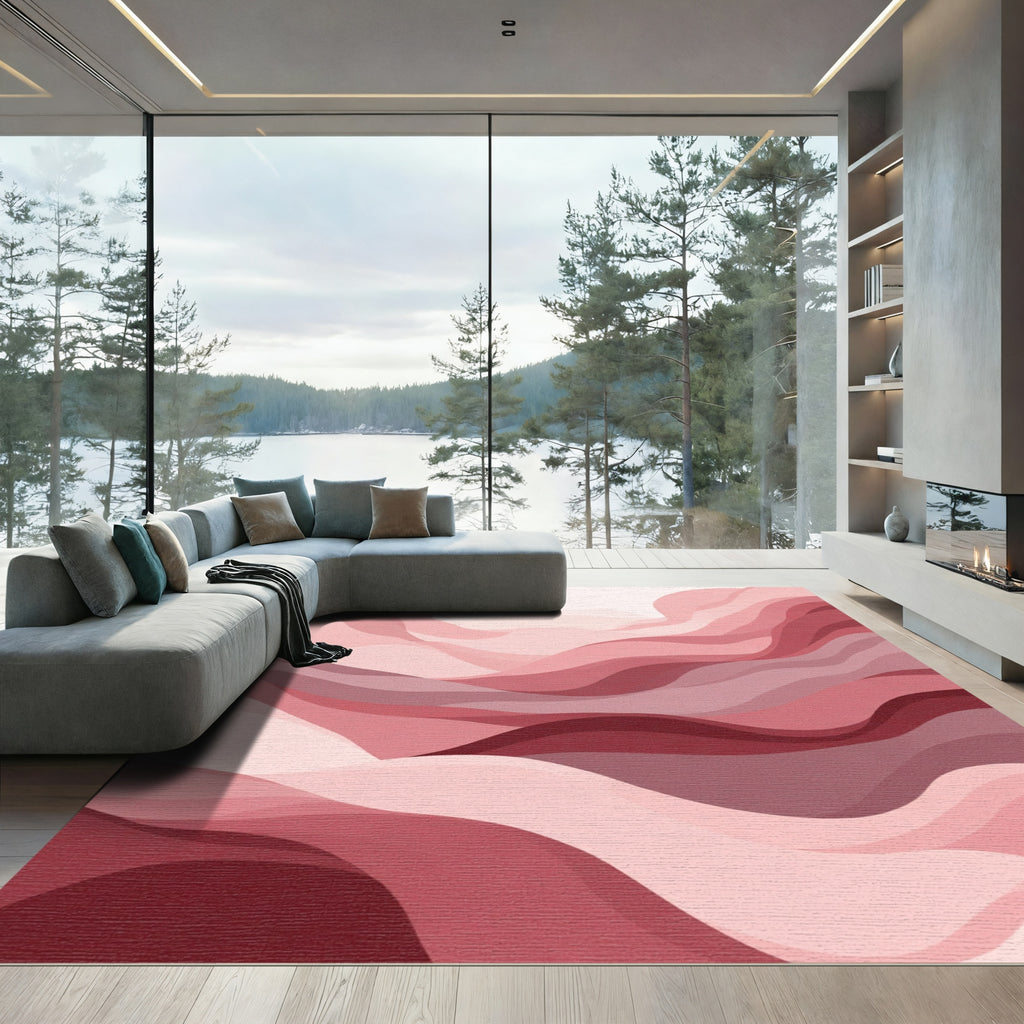 Crimson Layered Wave Landscape Rug