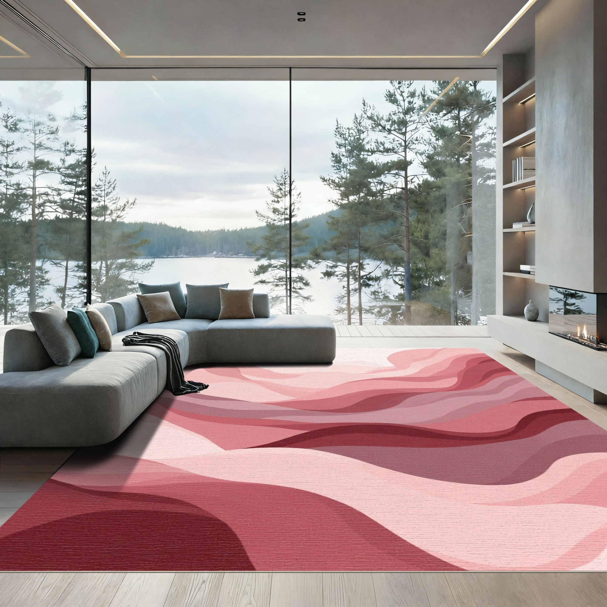 Crimson Layered Wave Landscape Rug