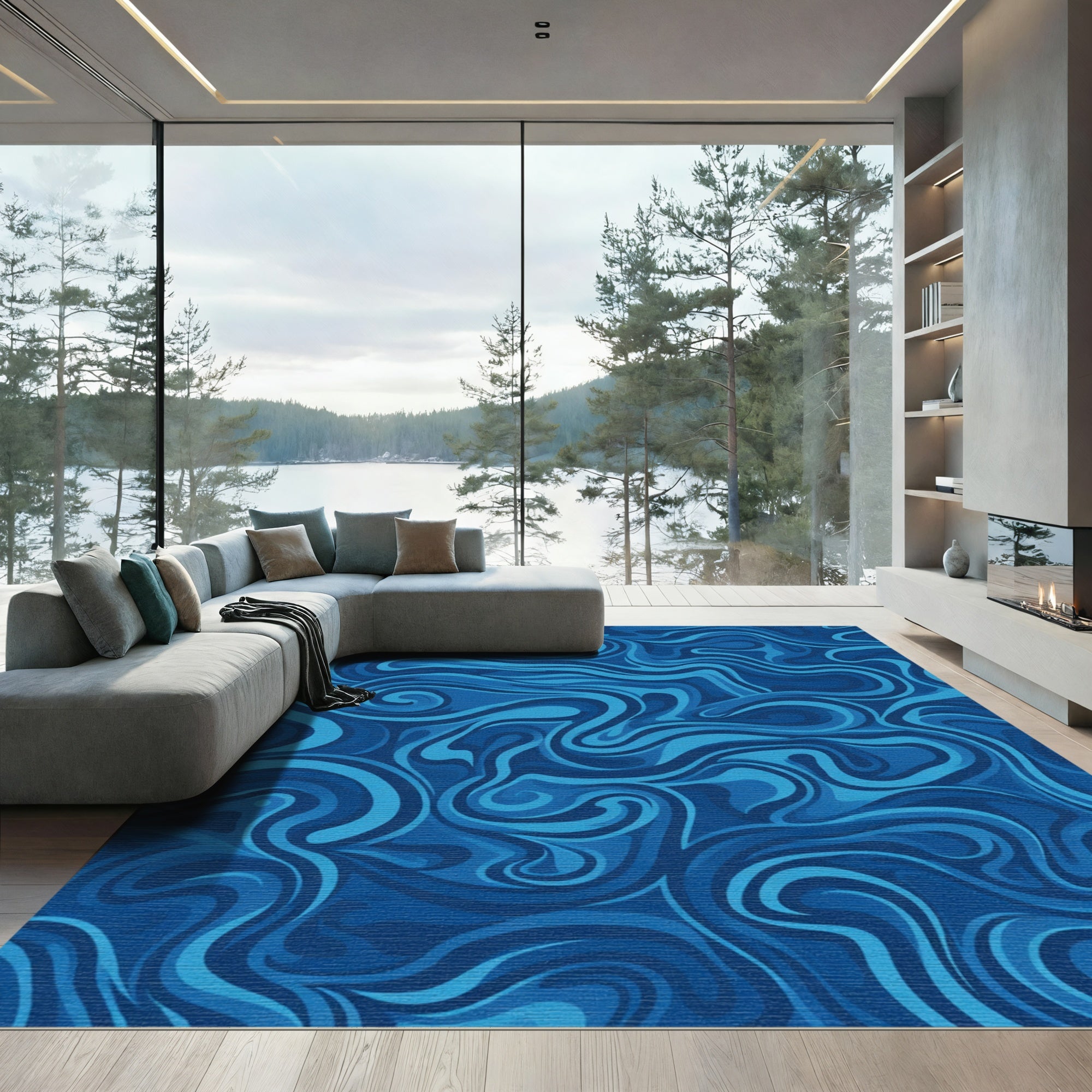 Deep Blue Swirling Fluid Abstract Rug