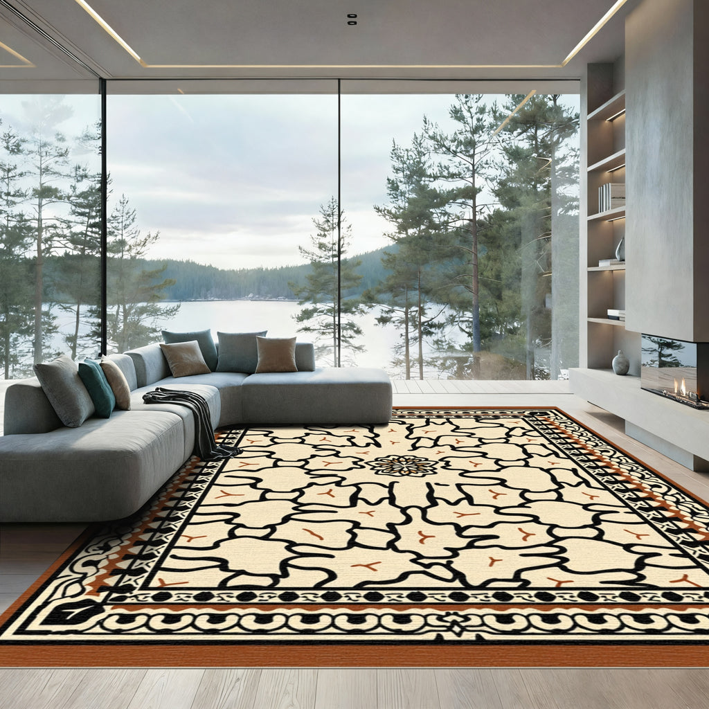 Cream Black Floral Medallion Border Rug