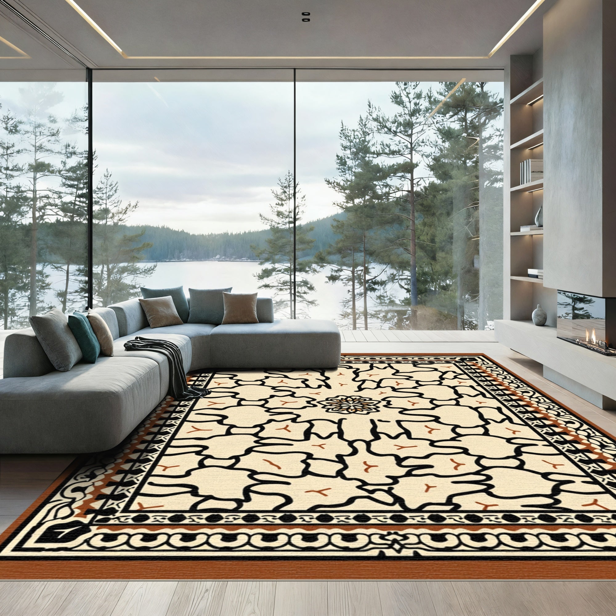 Cream Black Floral Medallion Border Rug