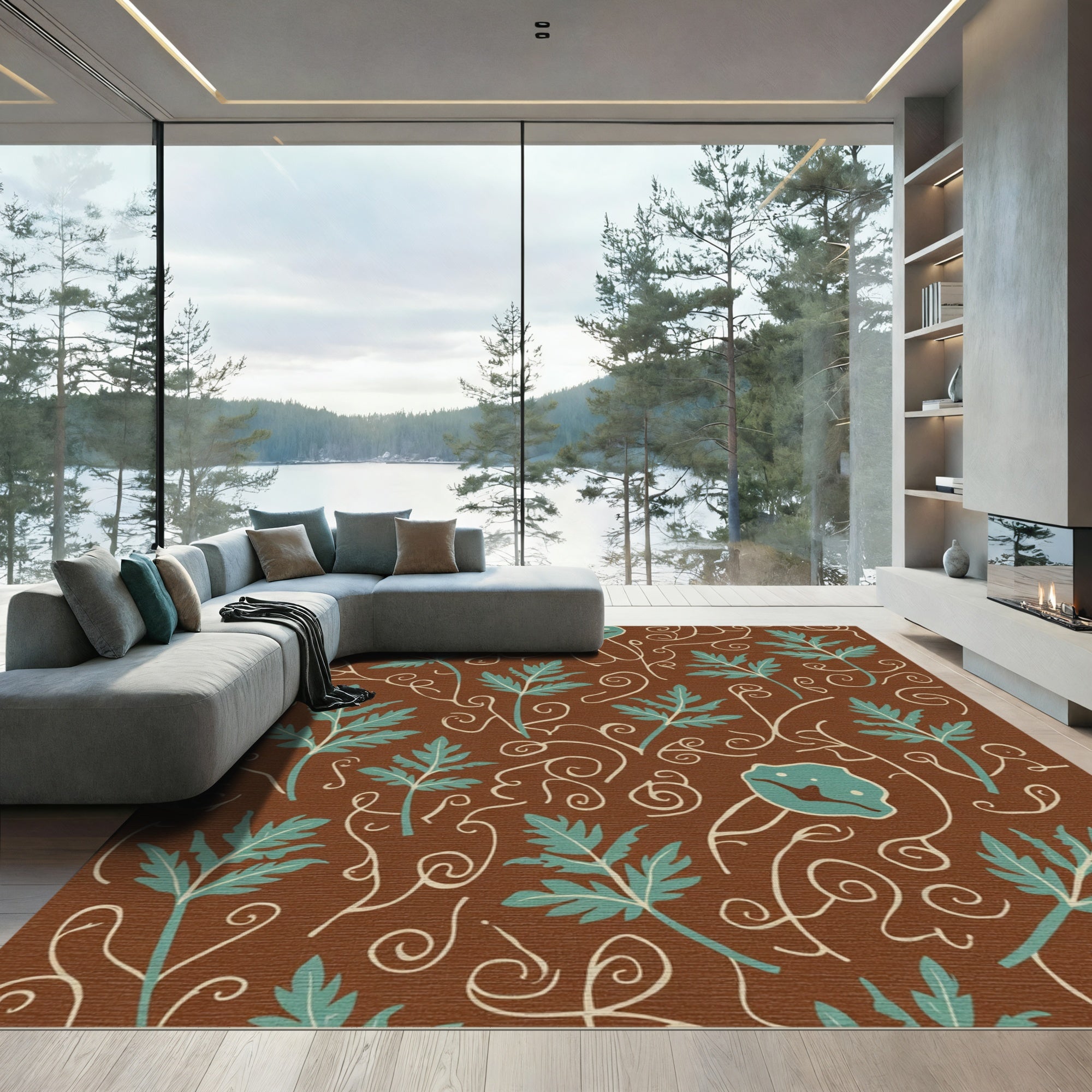 Brown Teal Leafy Vine Swirl Rug