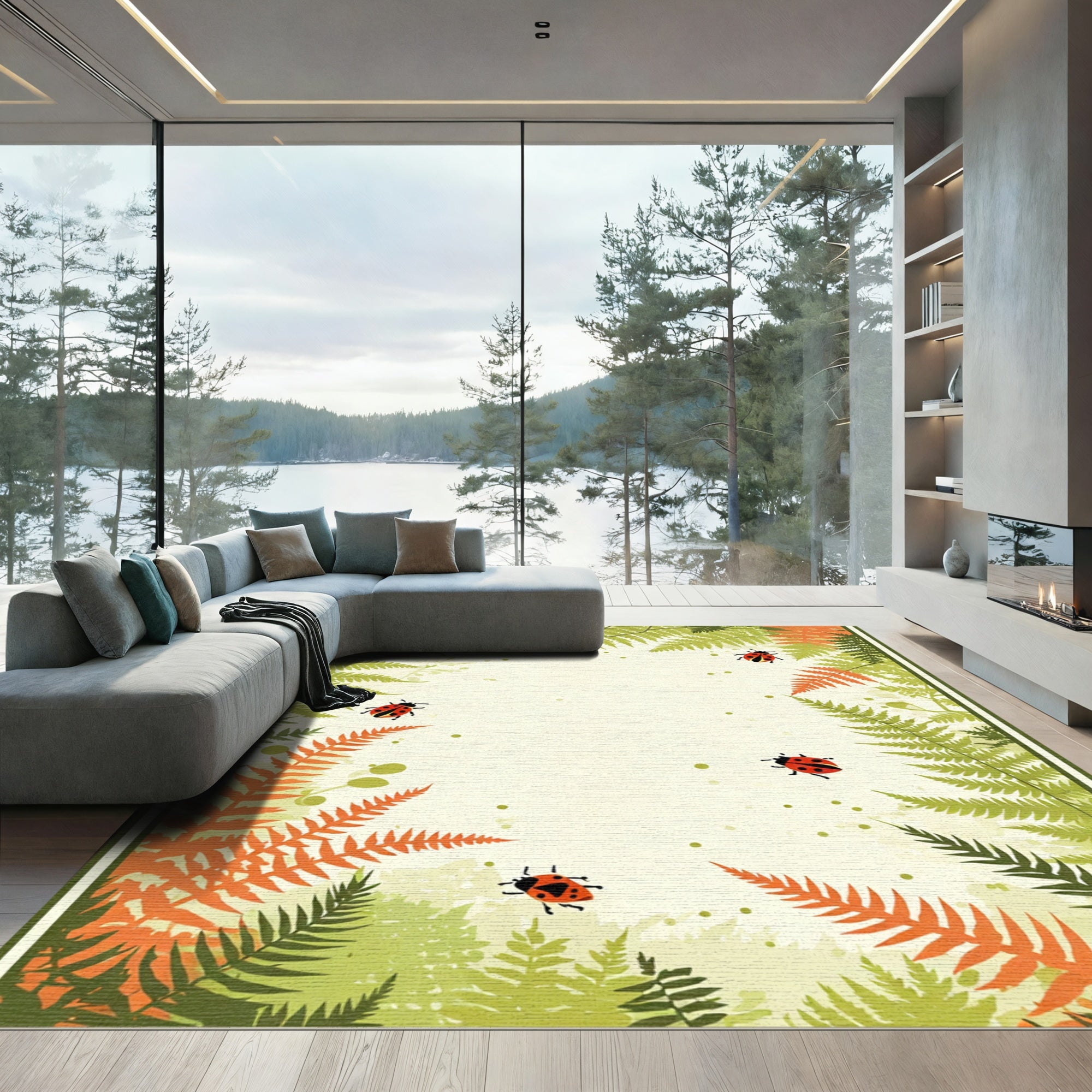 Whimsical ladybugs within green ferns Rug