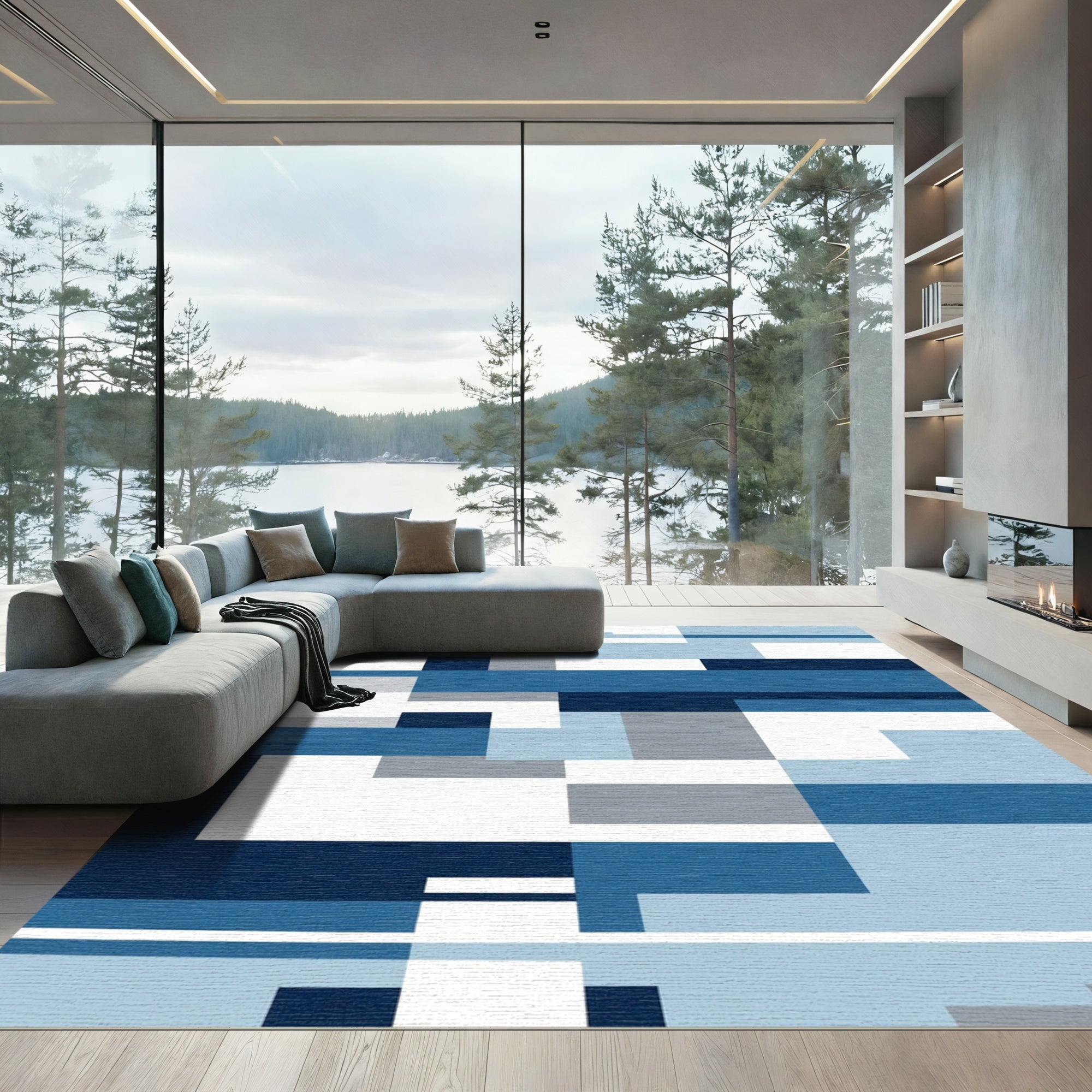Navy Blue Geometric Slate Blocks Rug