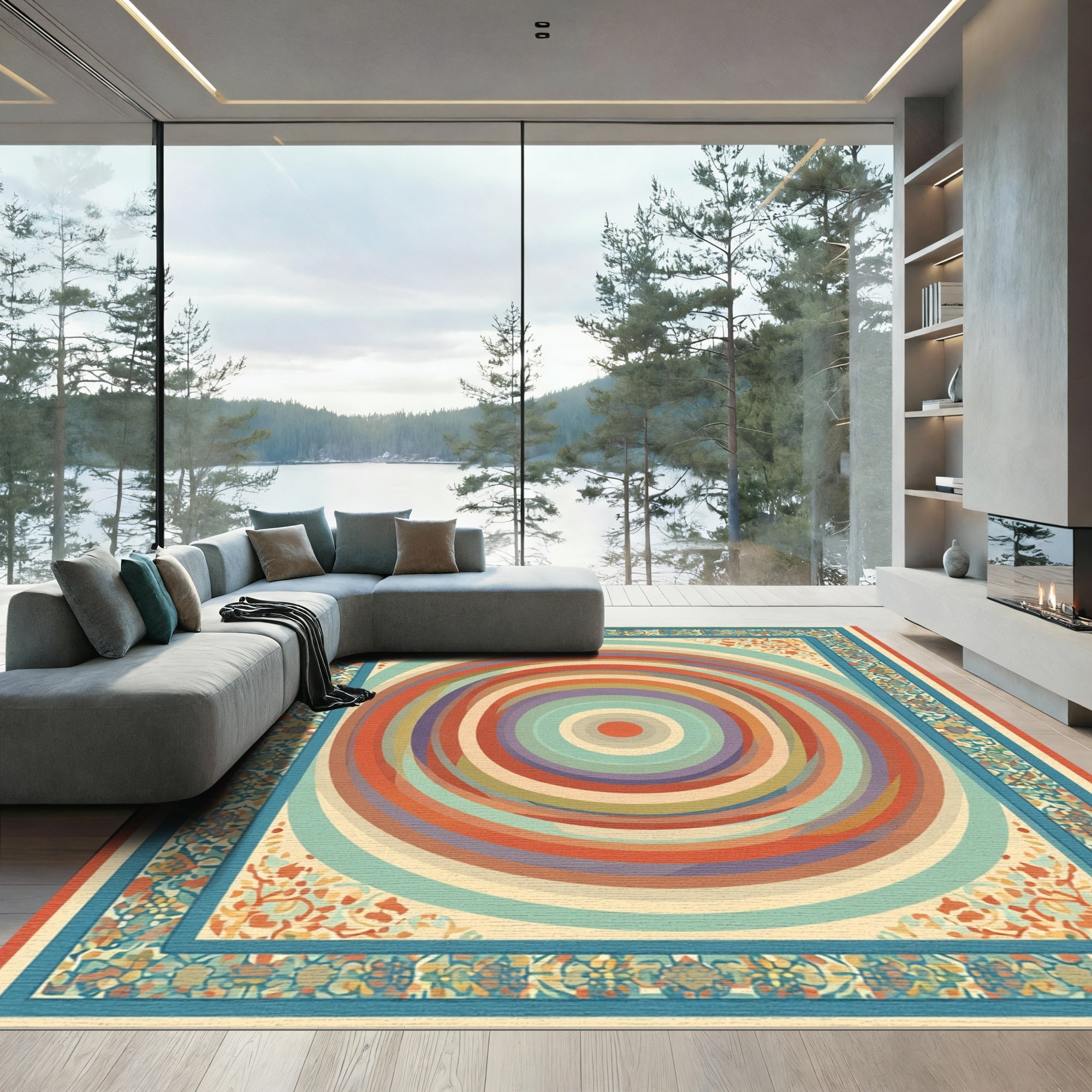 Colorful Concentric Circles Floral Border Rug