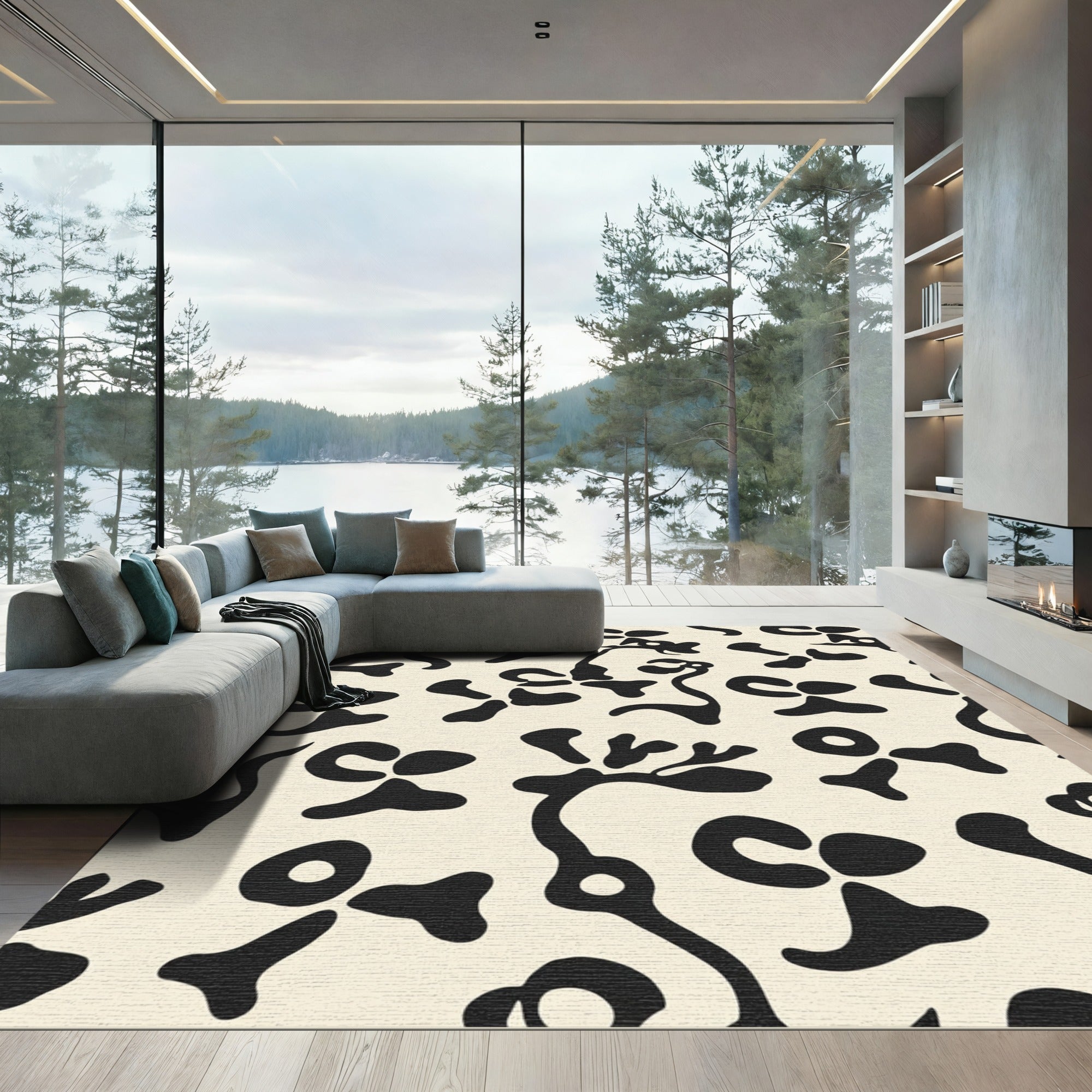 Abstract Black Botanical Cream Field Rug