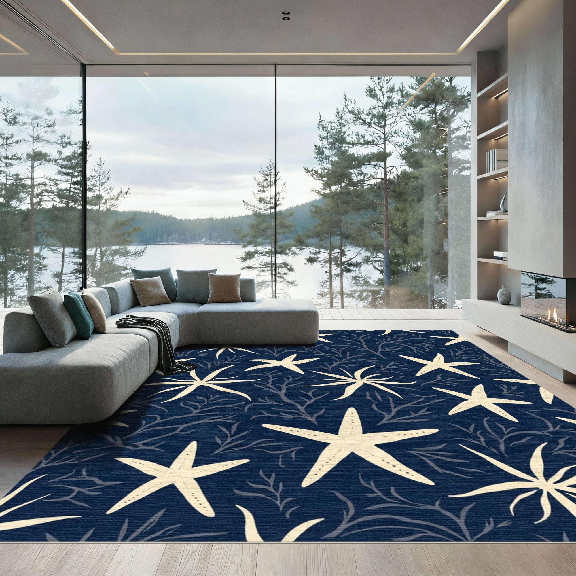 Cream Starfish Upon Navy Coral Rug