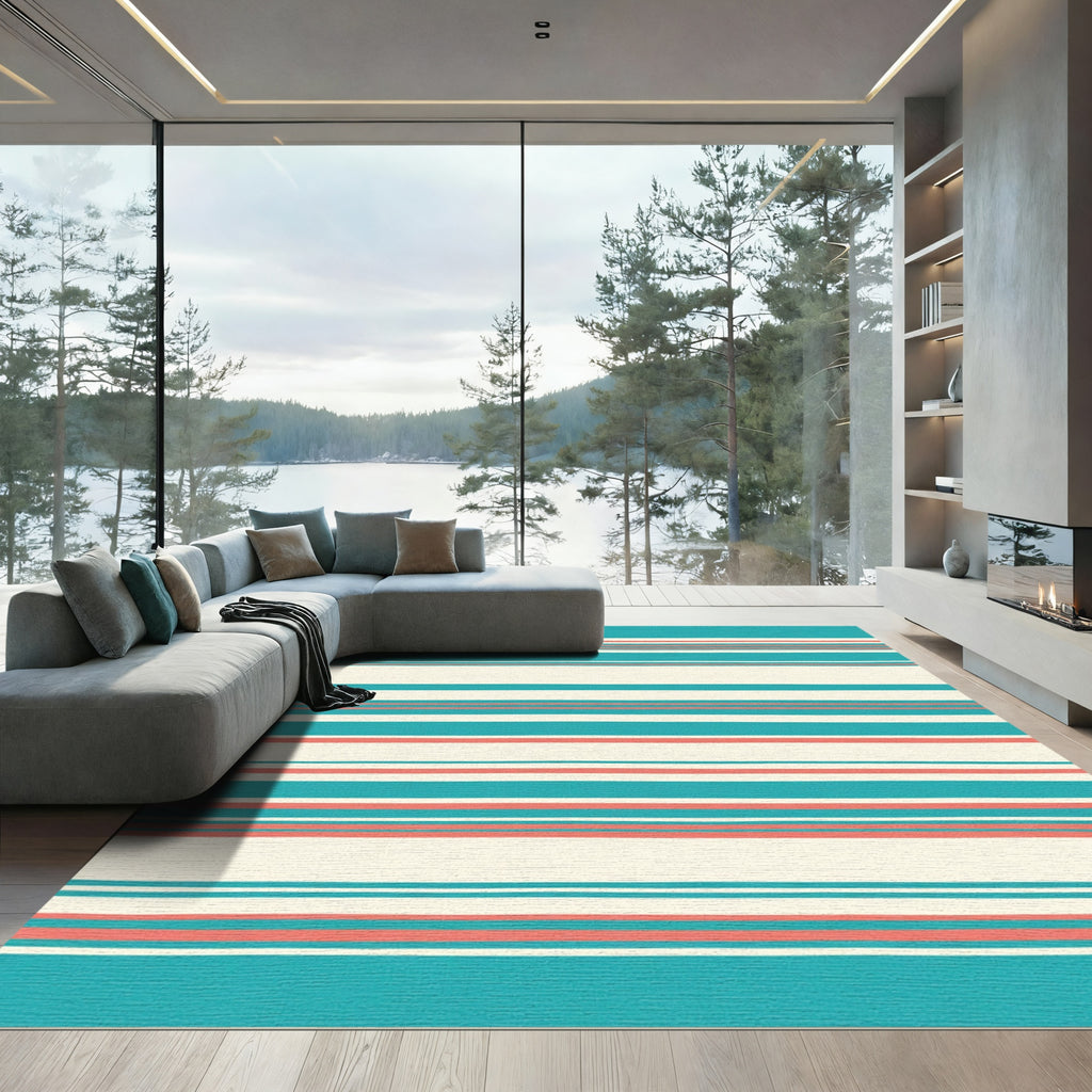 Coastal Teal Coral Stripe Rug