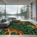 Vibrant Orange Tigers Lush Green Jungle Rug