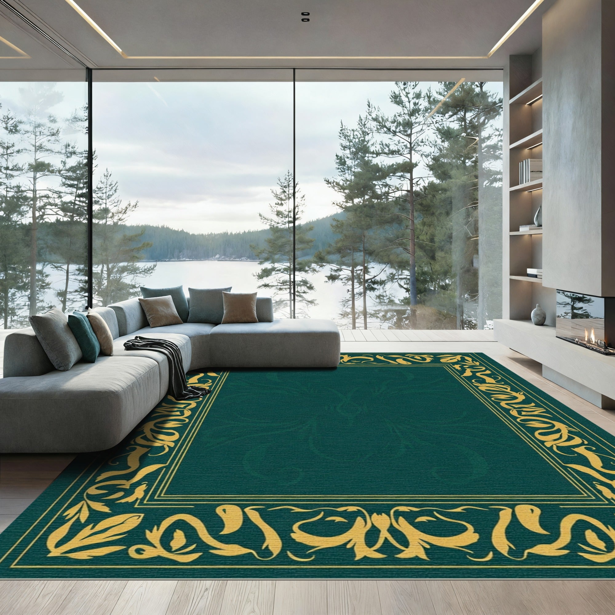 Emerald Green Golden Scrollwork Frame Rug