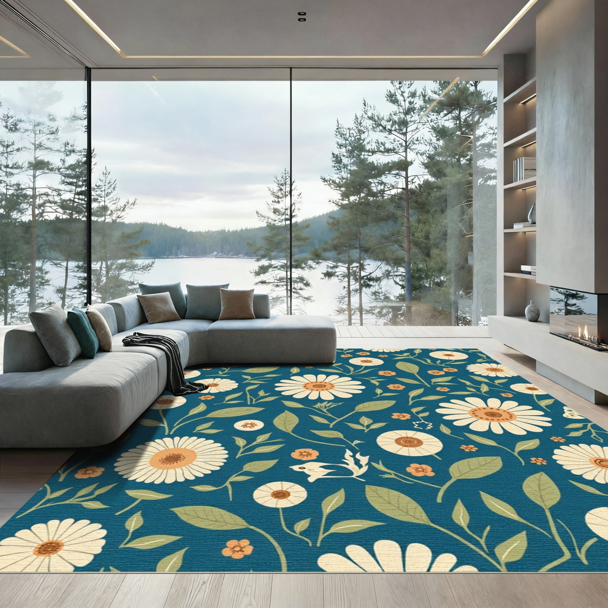 White Floral Garden Teal Background Rug