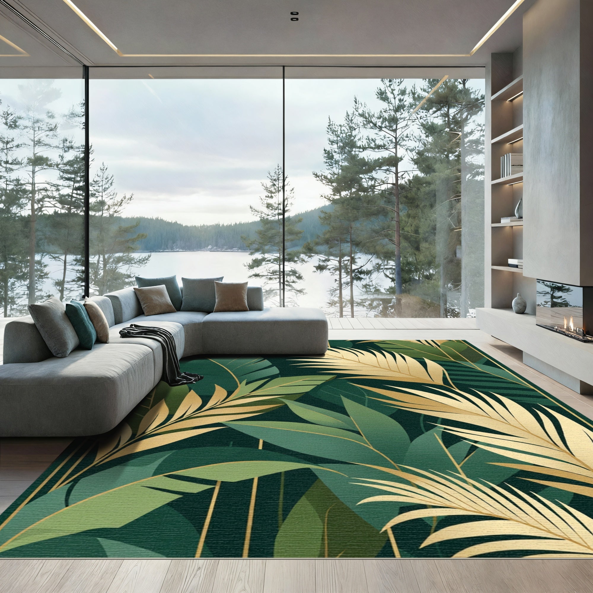 Lush Gold Green Tropical Leaf Rug