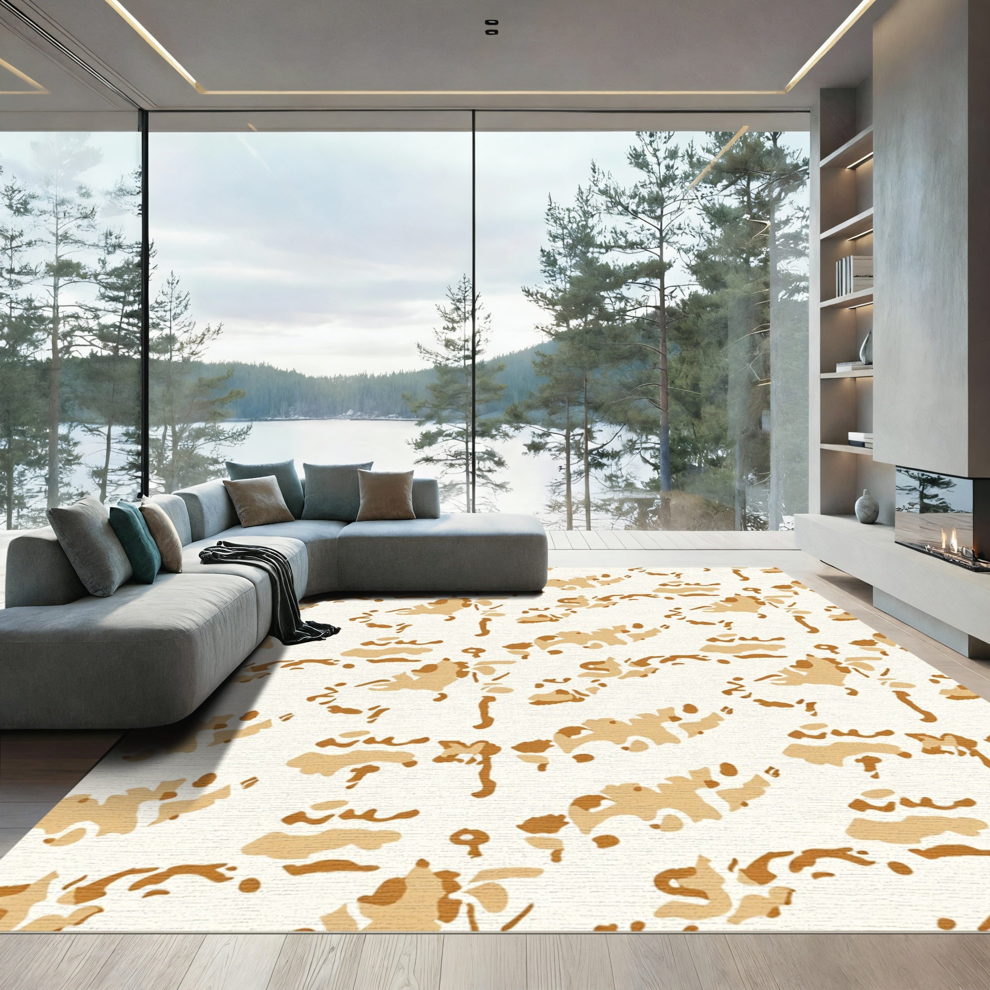 Earthy Tan Abstract Brushstroke Arrangement Rug