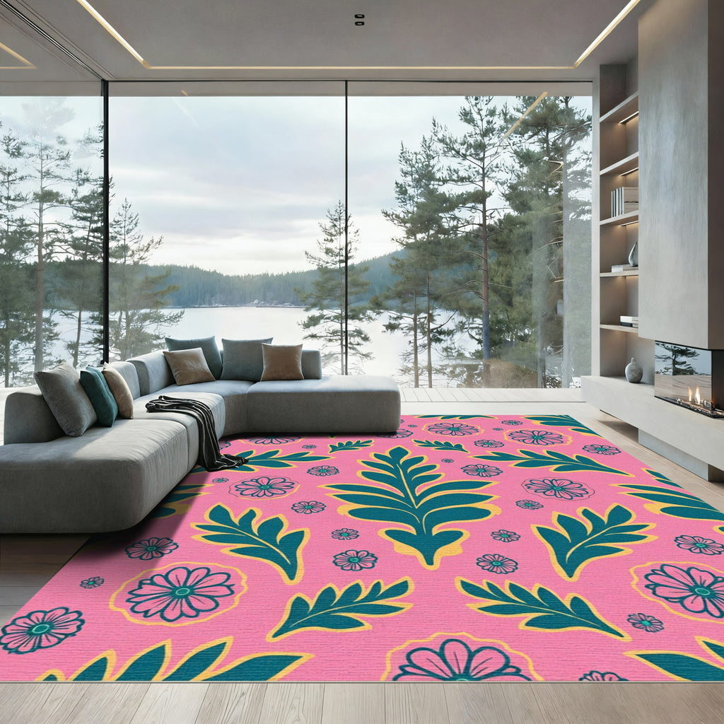 Pink Teal Floral Leaf Arrangement Rug