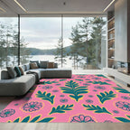 Pink Teal Floral Leaf Arrangement Rug