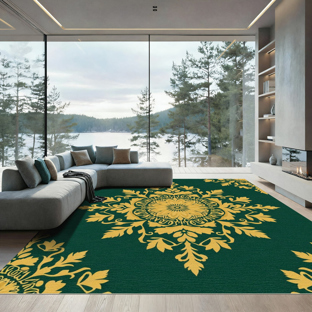 Emerald Green Golden Floral Medallion Rug