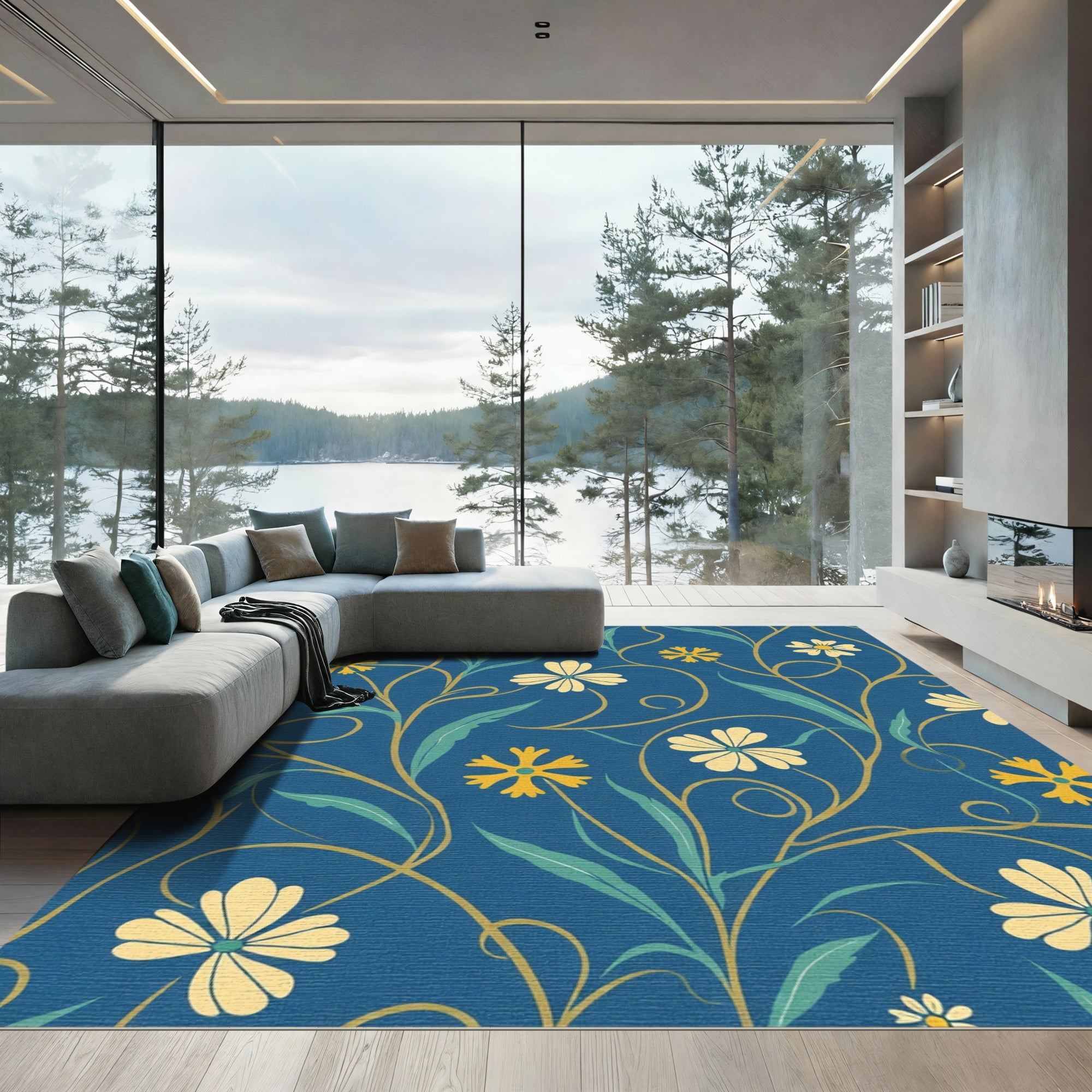 Navy Blue Floral Vine Swirl Rug