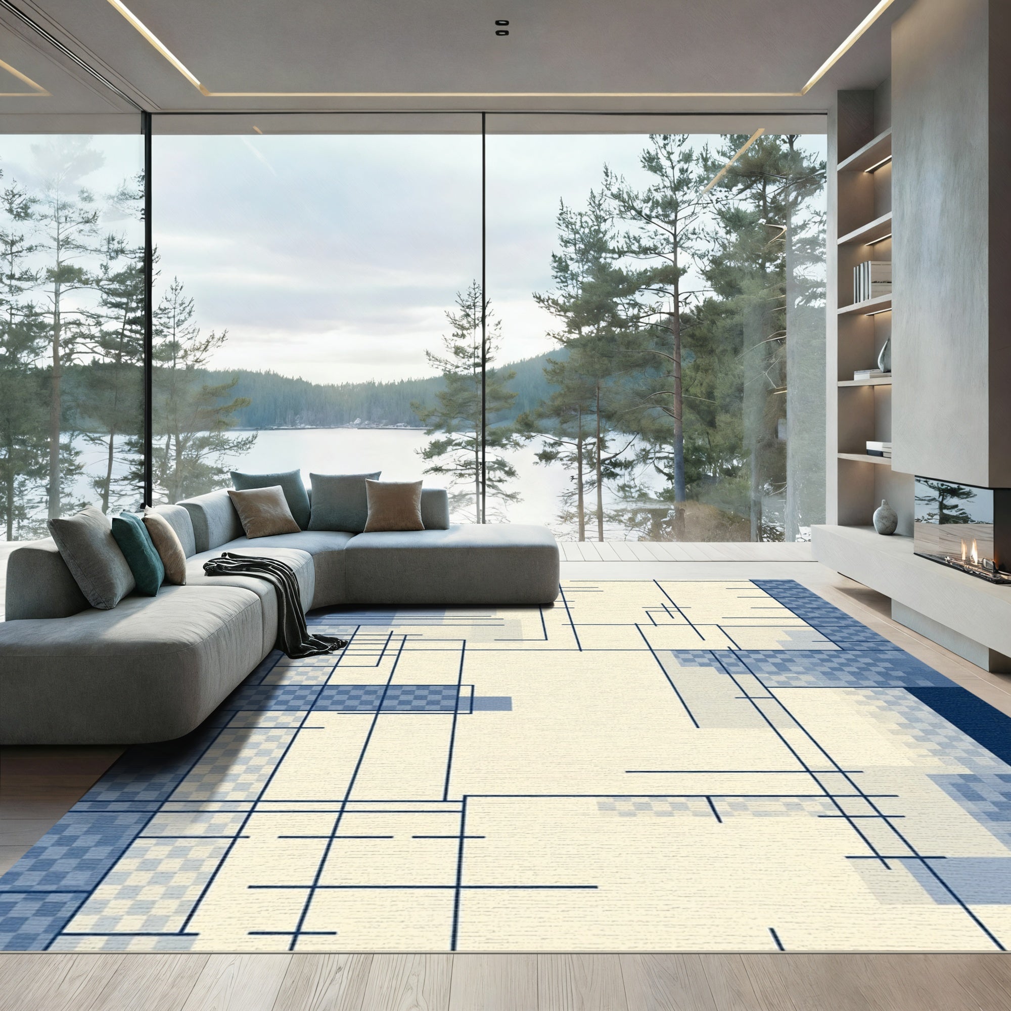 Modern Blue Geometric Grid Lines Rug