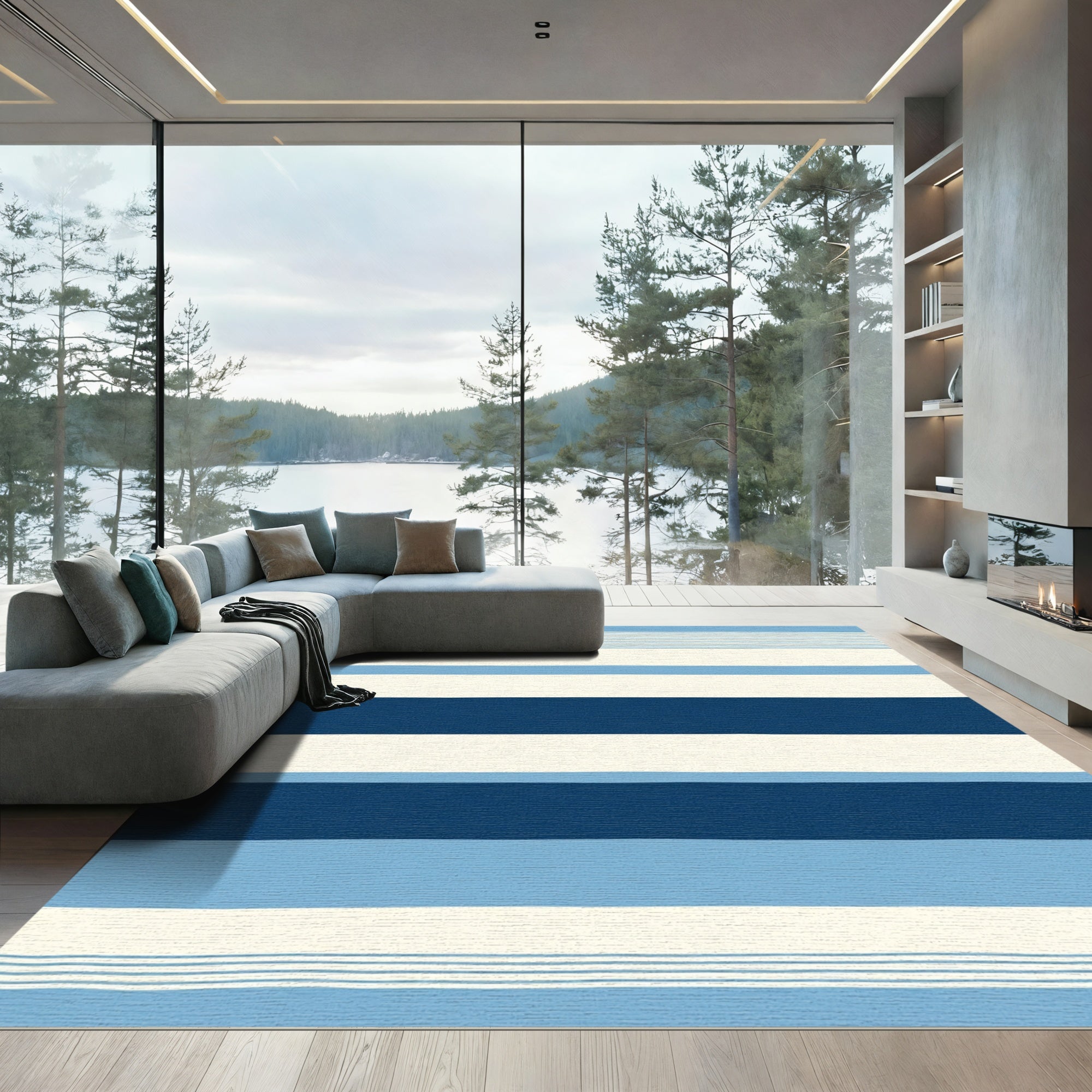 Varied Blue Horizontal Stripe Rug