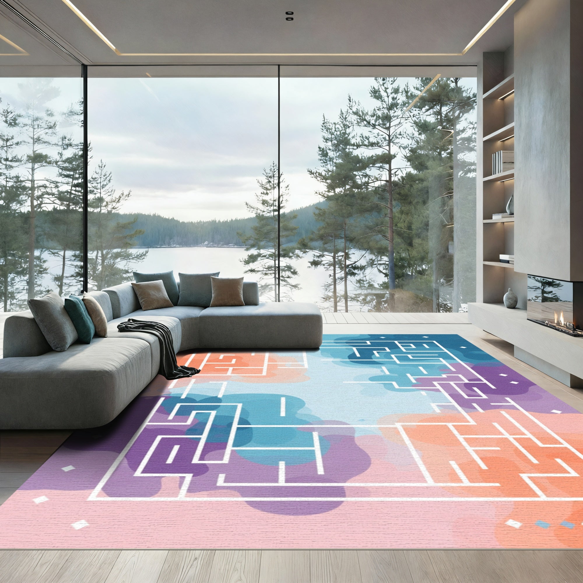 Gradient Maze Overlay Coral Blue Purple Rug