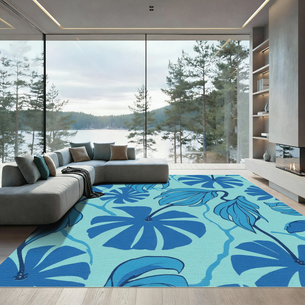 Deep Blue Tropical Leaf Splash Rug