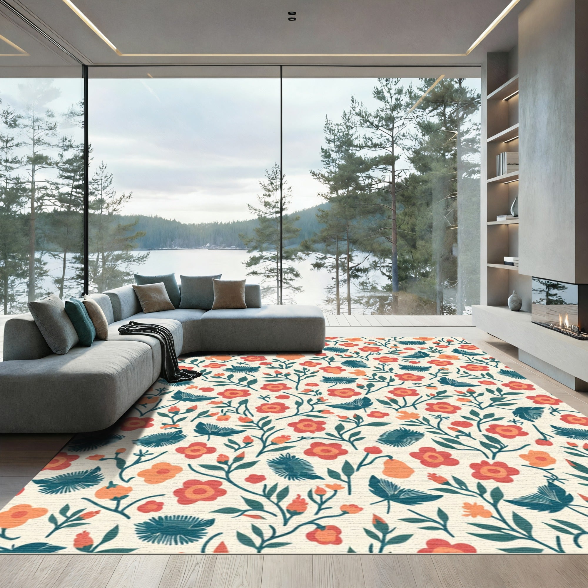 Retro Coral And Teal Floral Meadow Rug