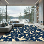 Cream Floral Birds Dark Blue Background Rug