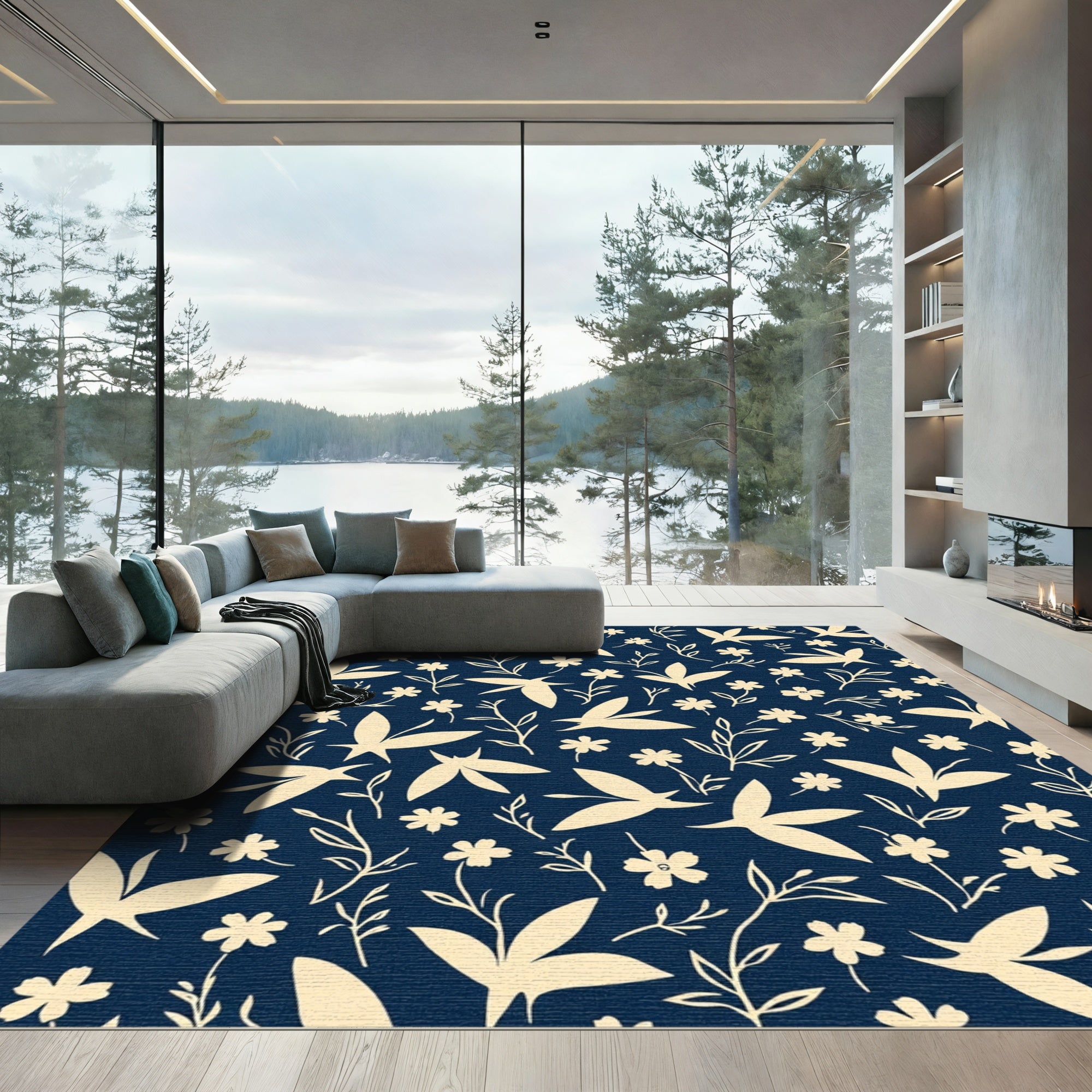 Cream Floral Birds Dark Blue Background Rug
