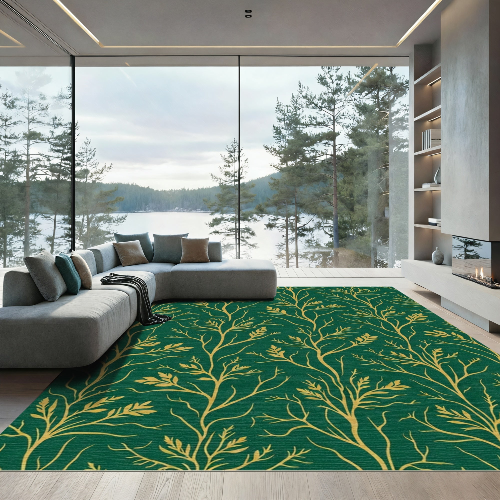 Golden Branch Foliage on Emerald Green Rug