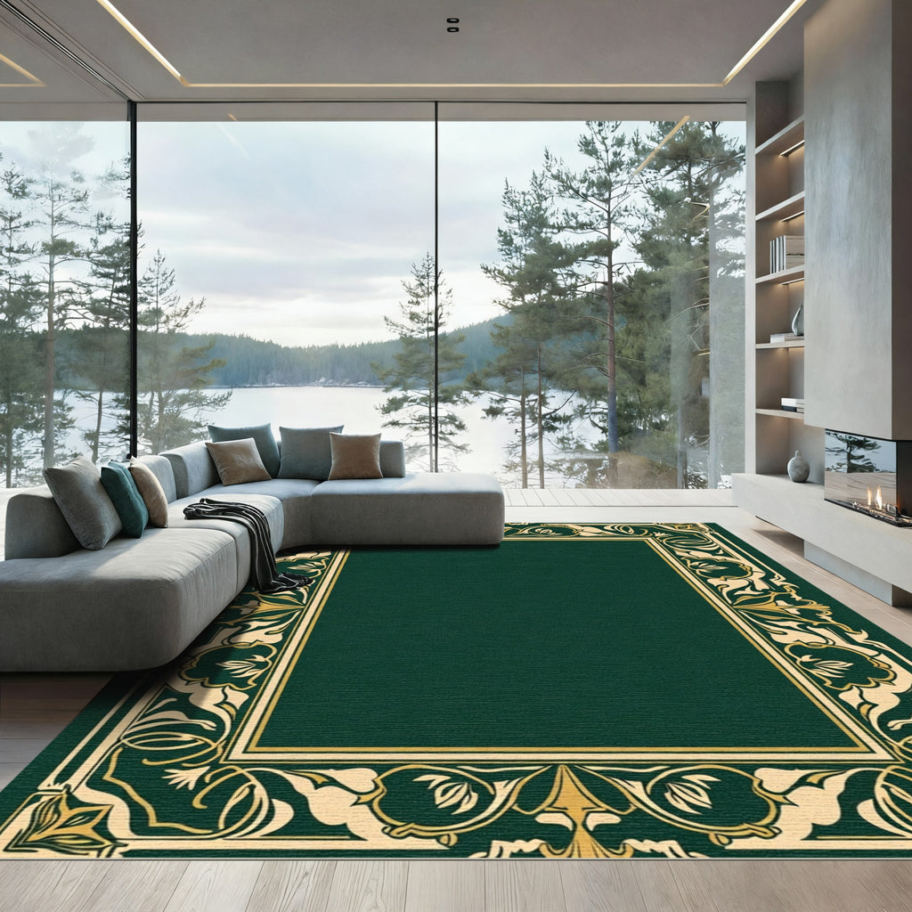 Green Gold Art Nouveau Floral Border Rug