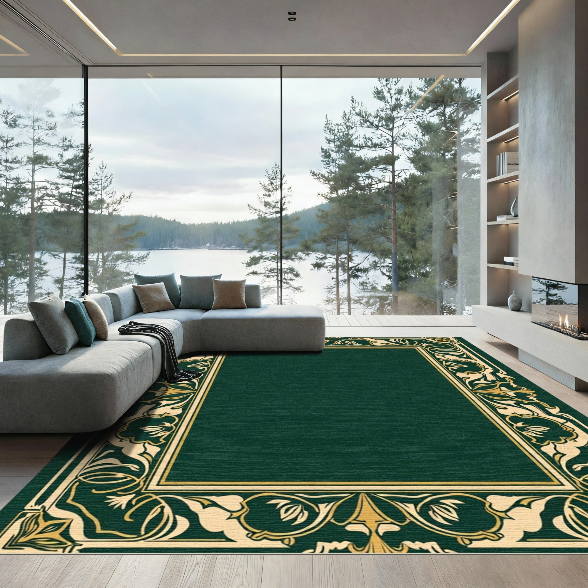Green Gold Art Nouveau Floral Border Rug