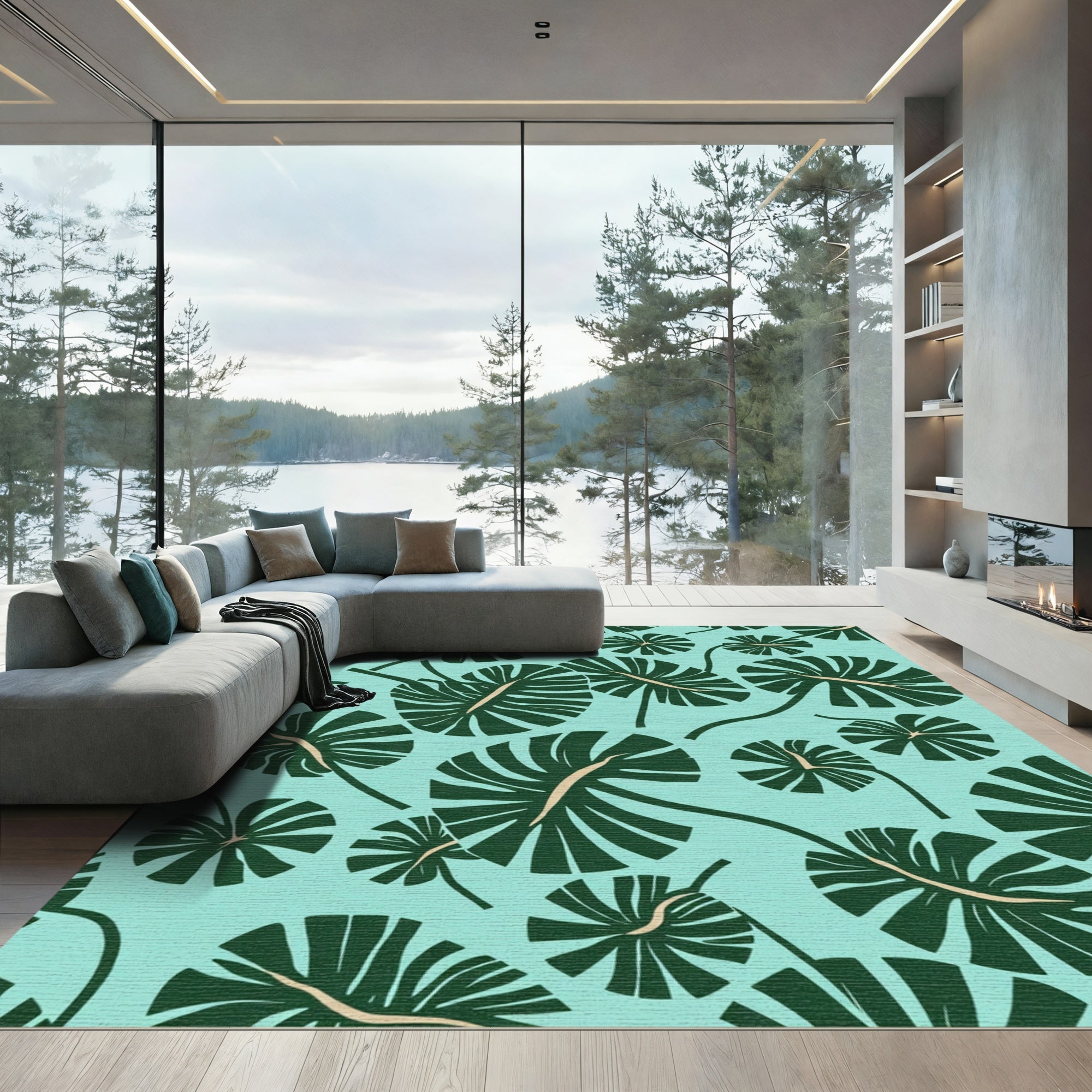 Aqua Green Monstera Leaf Mural Rug