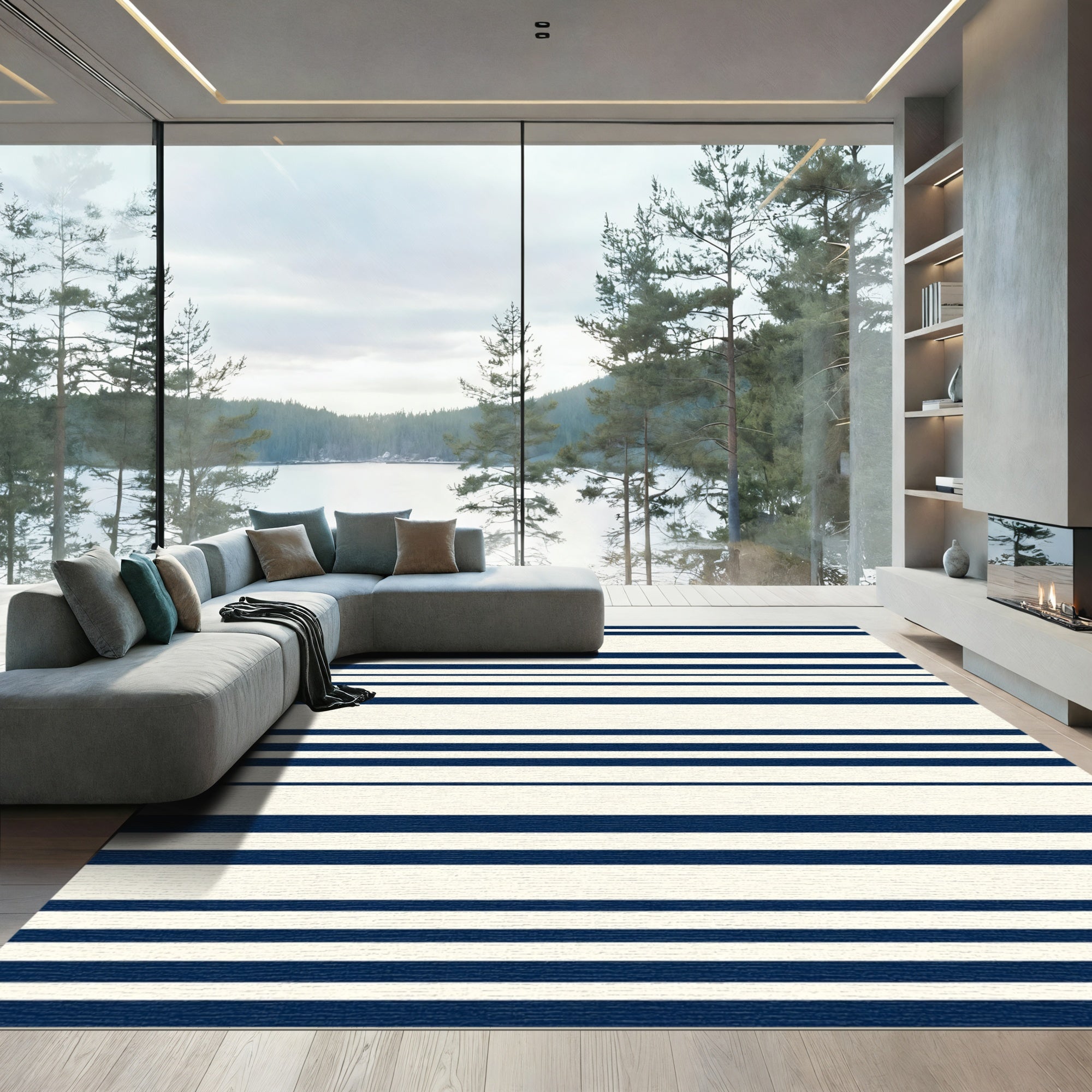 Classic Navy Cream Horizontal Stripe Rug