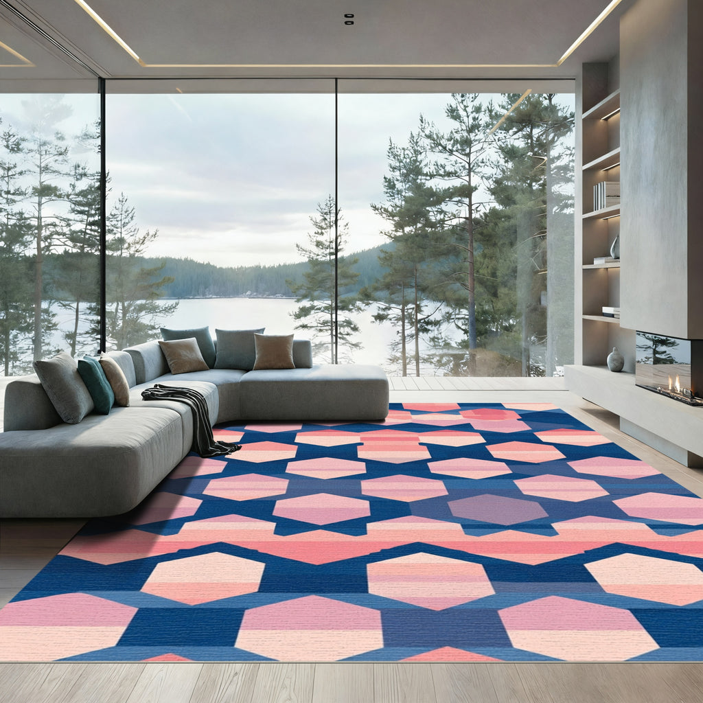 Geometric Hexagon Blue Pink Gradient Rug