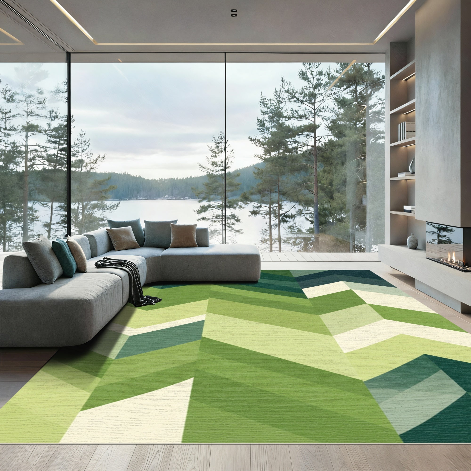 Green Herringbone Geometric Stripes Rug