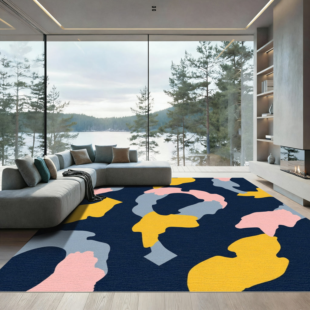 Abstract Navy Yellow Pink Blue Swirls Rug