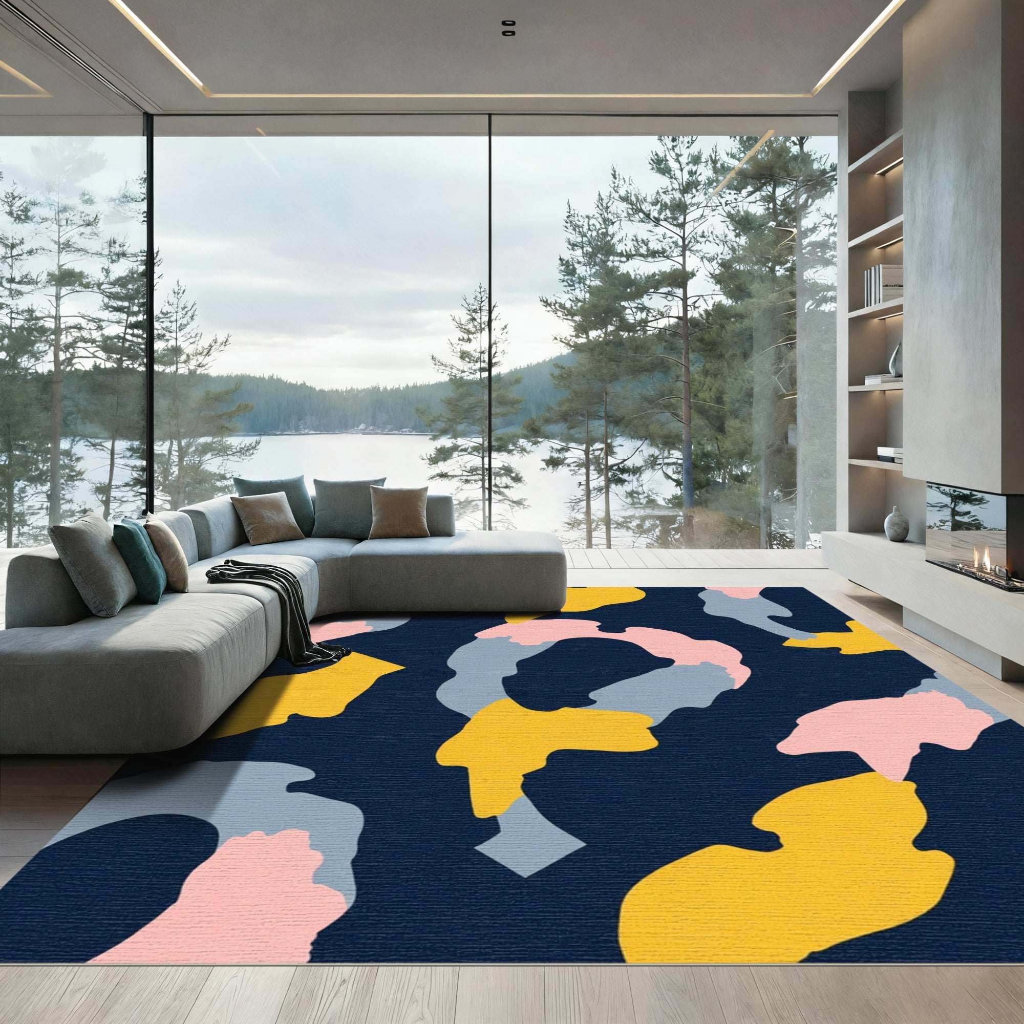 Abstract Navy Yellow Pink Blue Swirls Rug