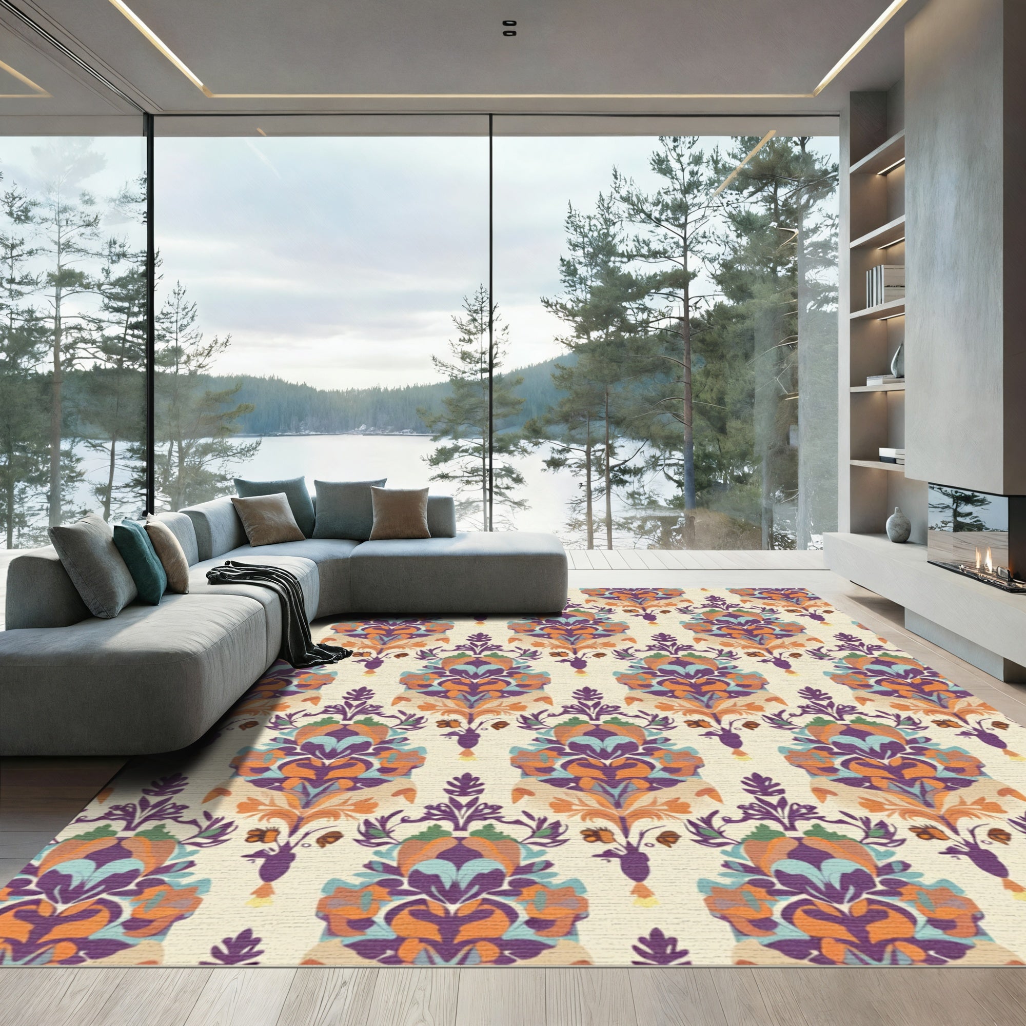 Purple Orange Teal Floral Damask Wallpaper Rug