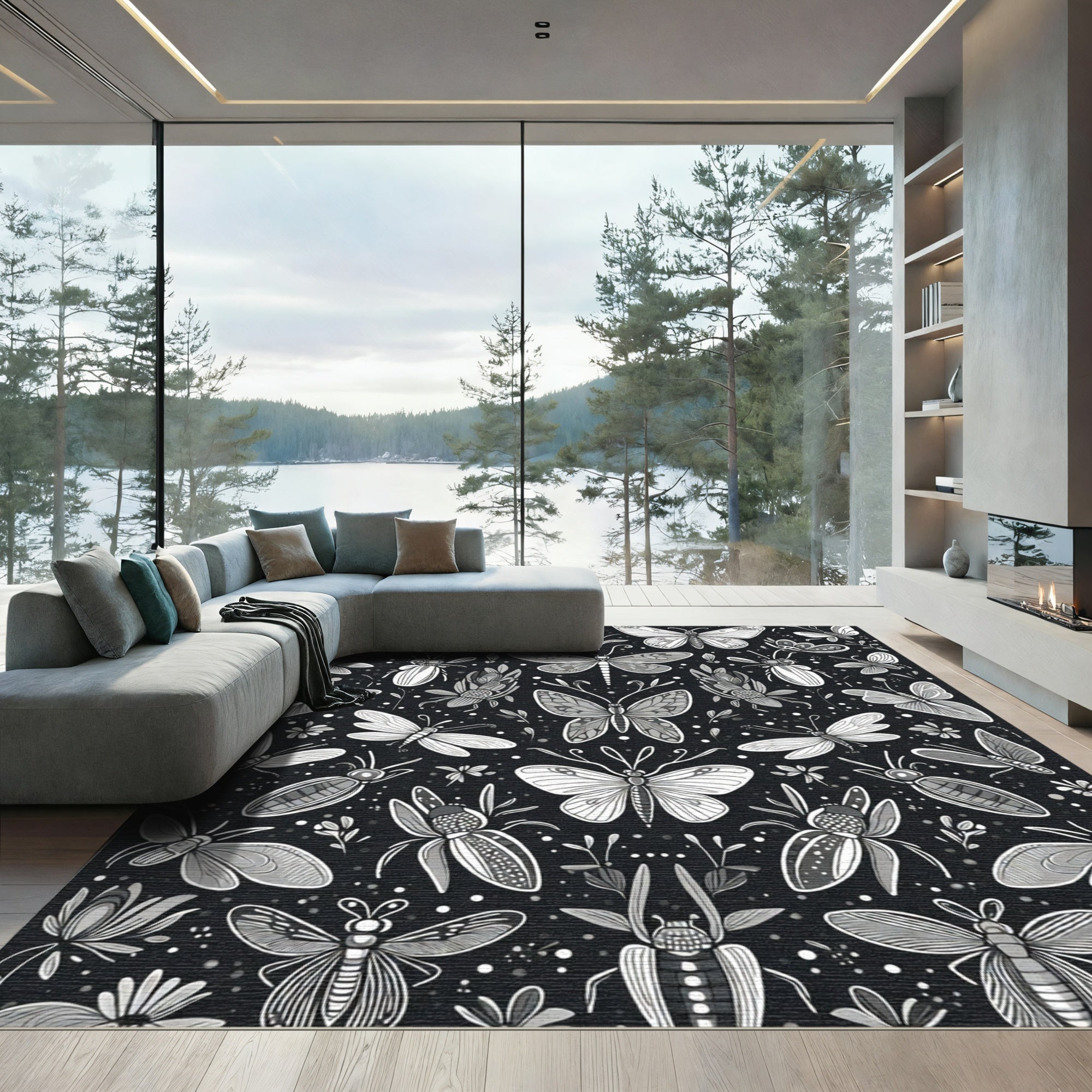 Monochromatic Butterfly And Insect Assemblage Rug