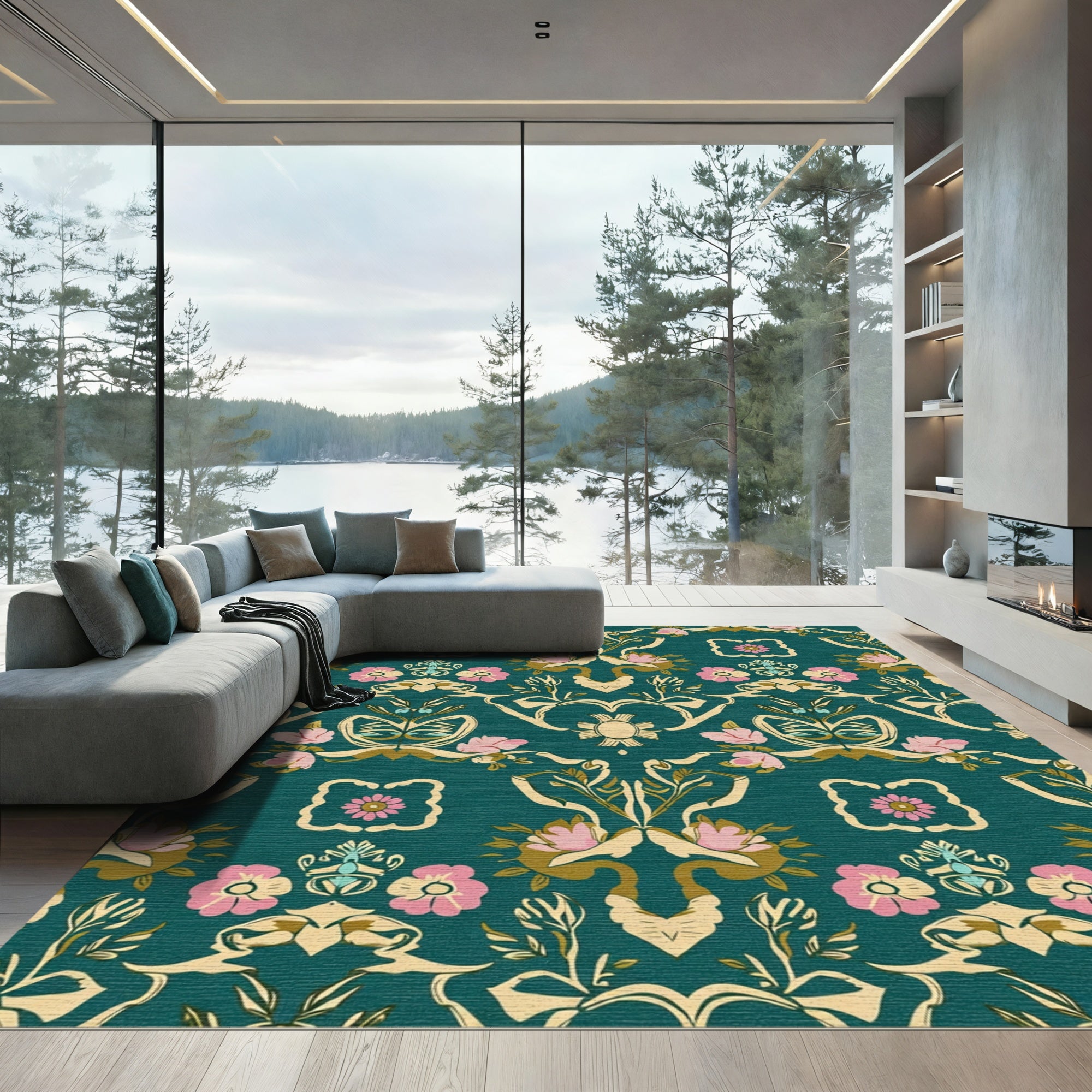 Teal Floral Scrollwork With Pink Accents Rug