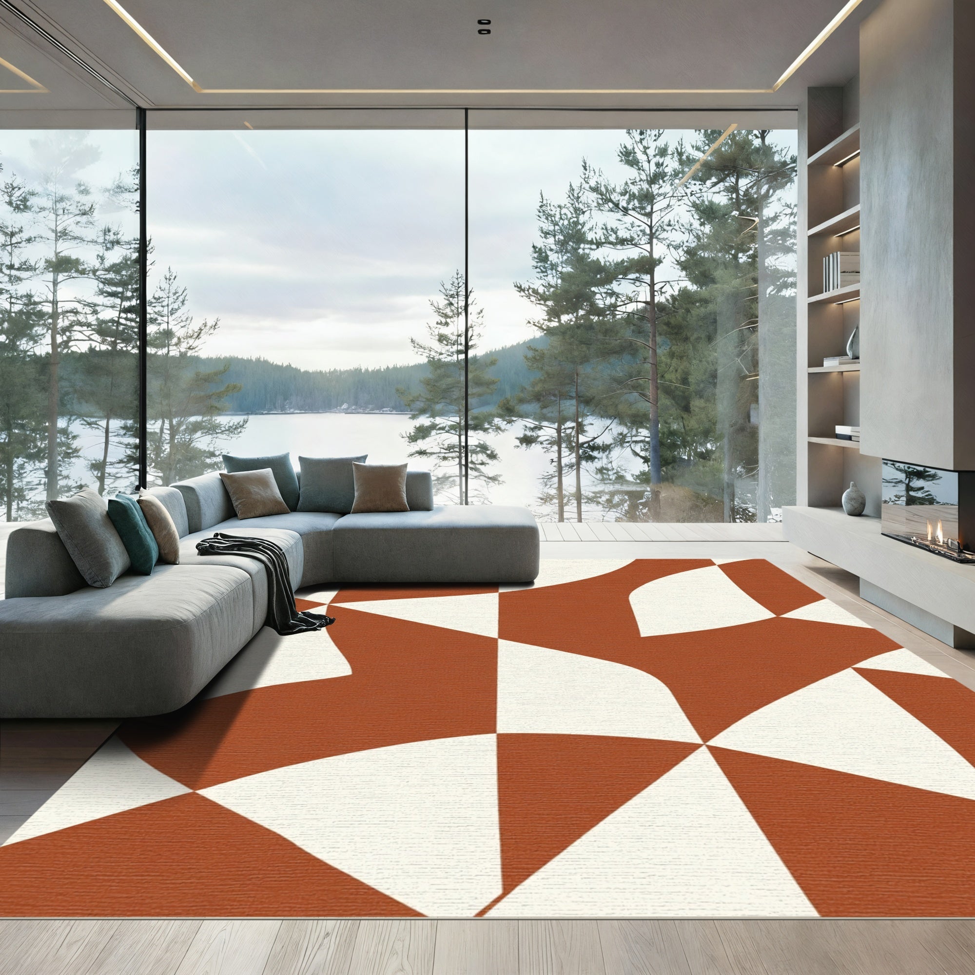 Earthy Terracotta Abstract Curve Rug