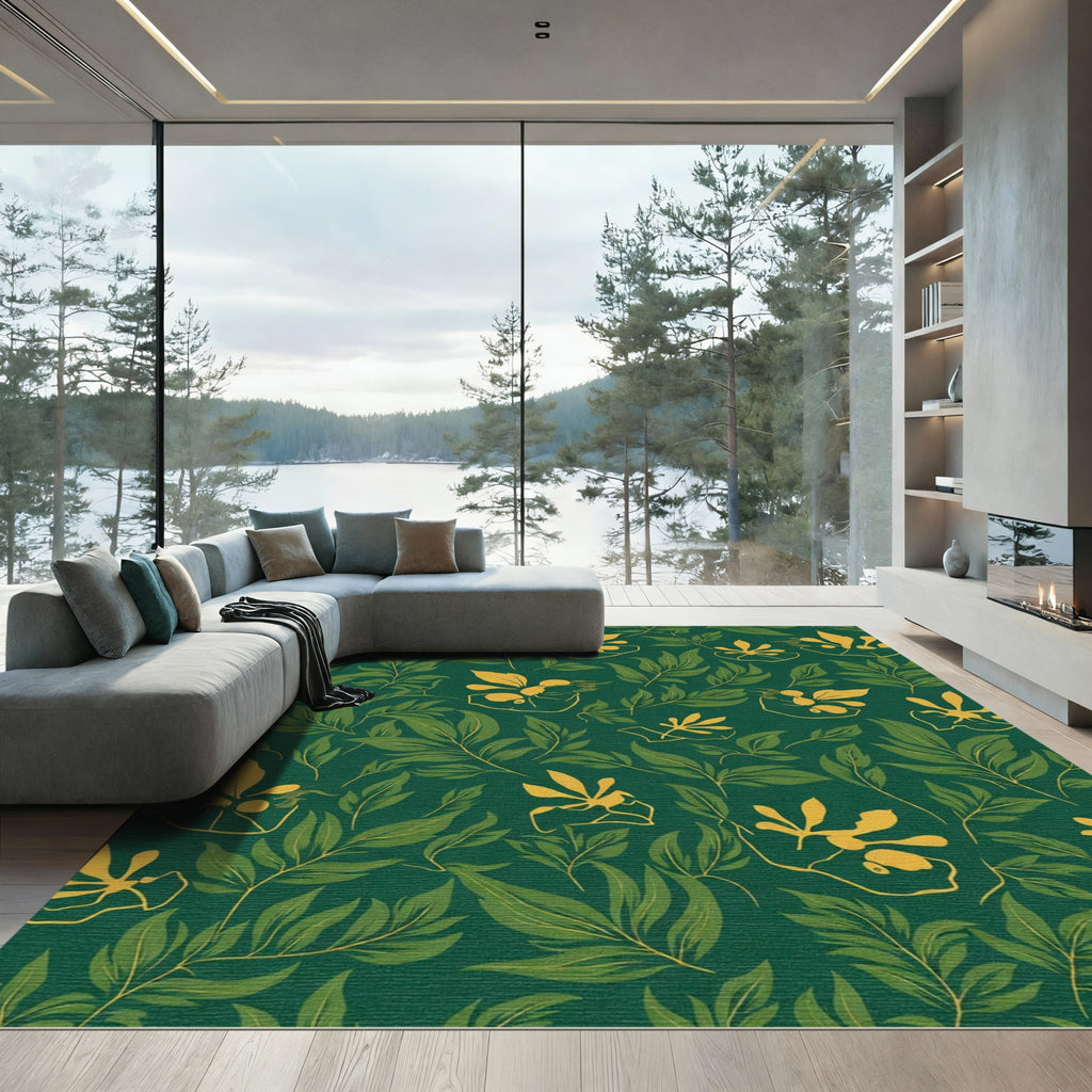 Emerald Green Outline Floral Vines Rug