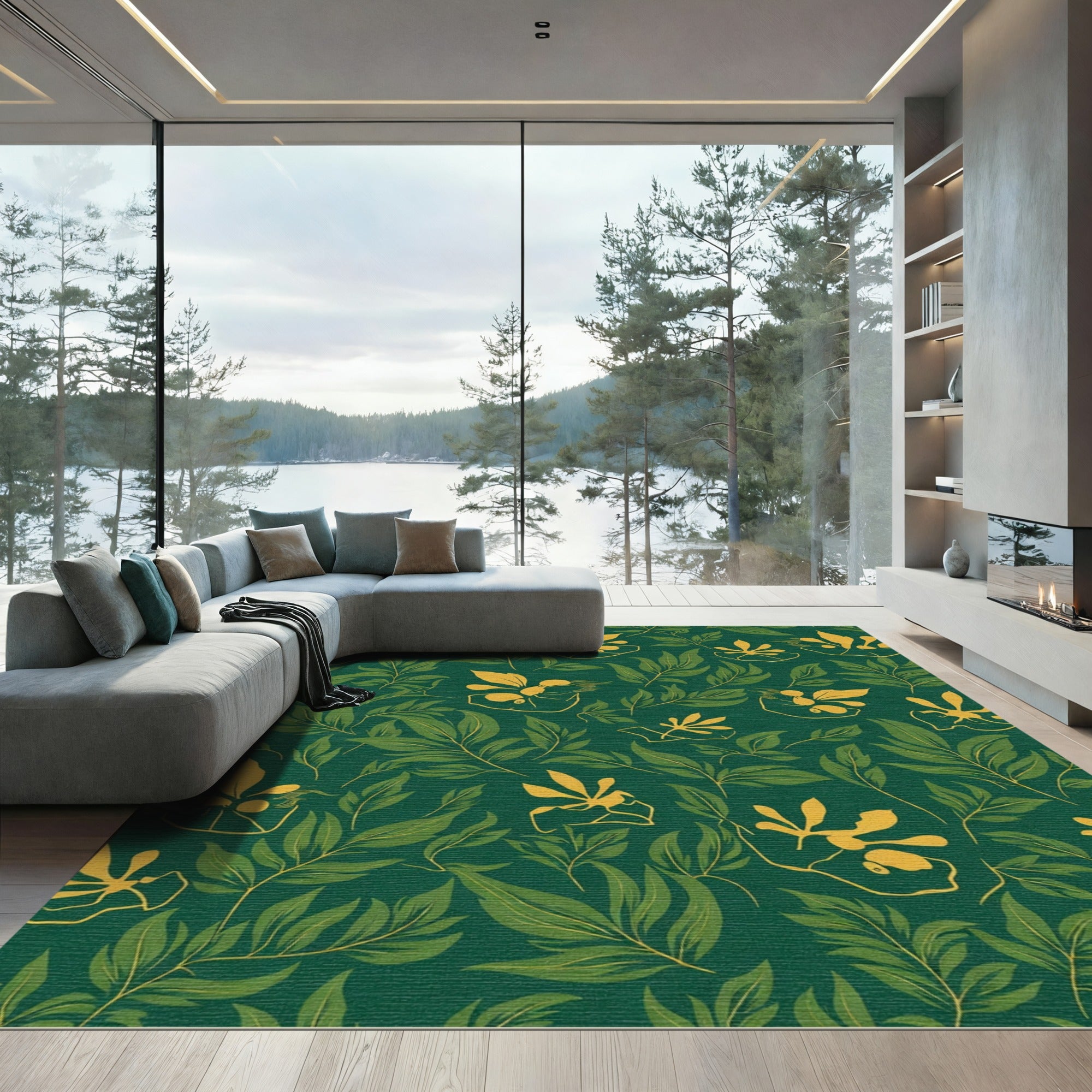Emerald Green Outline Floral Vines Rug