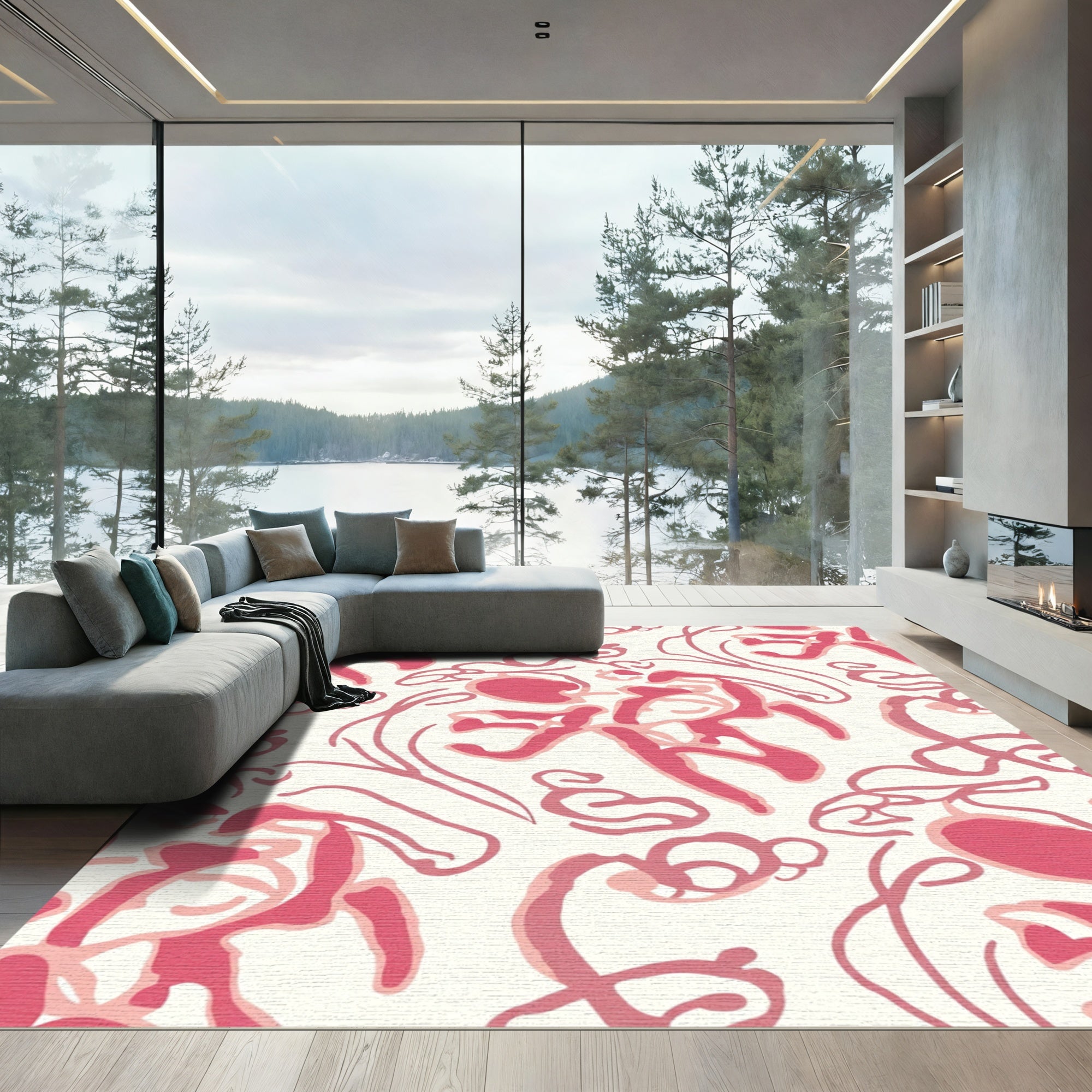 Abstract Pink Calligraphy Swirl Rug