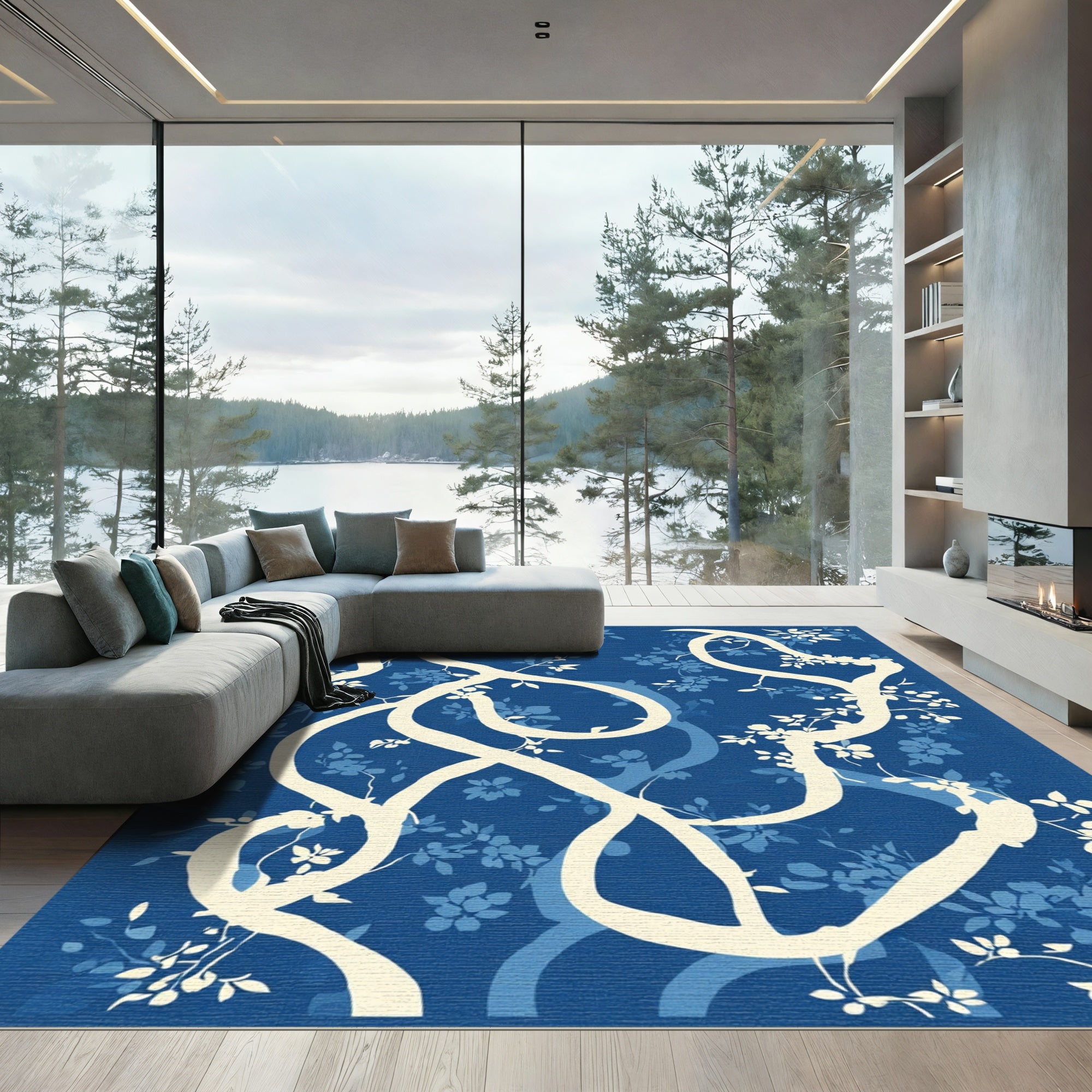 Cream Branches Blossom Blue Field Rug