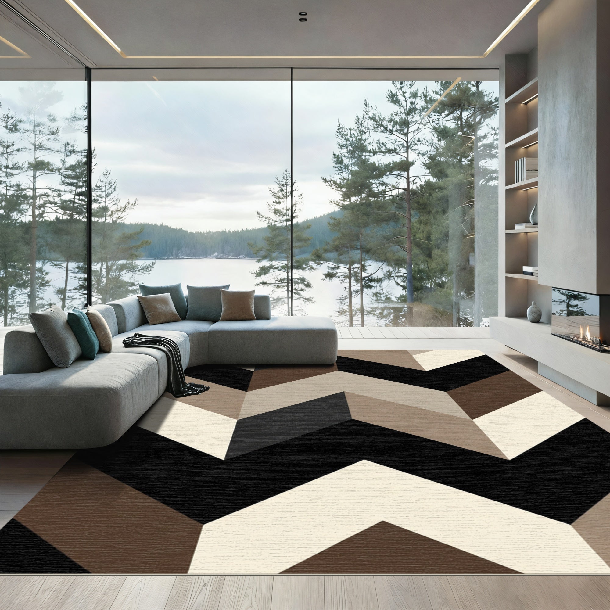 Brown Beige Black Chevron Angled Lines Rug