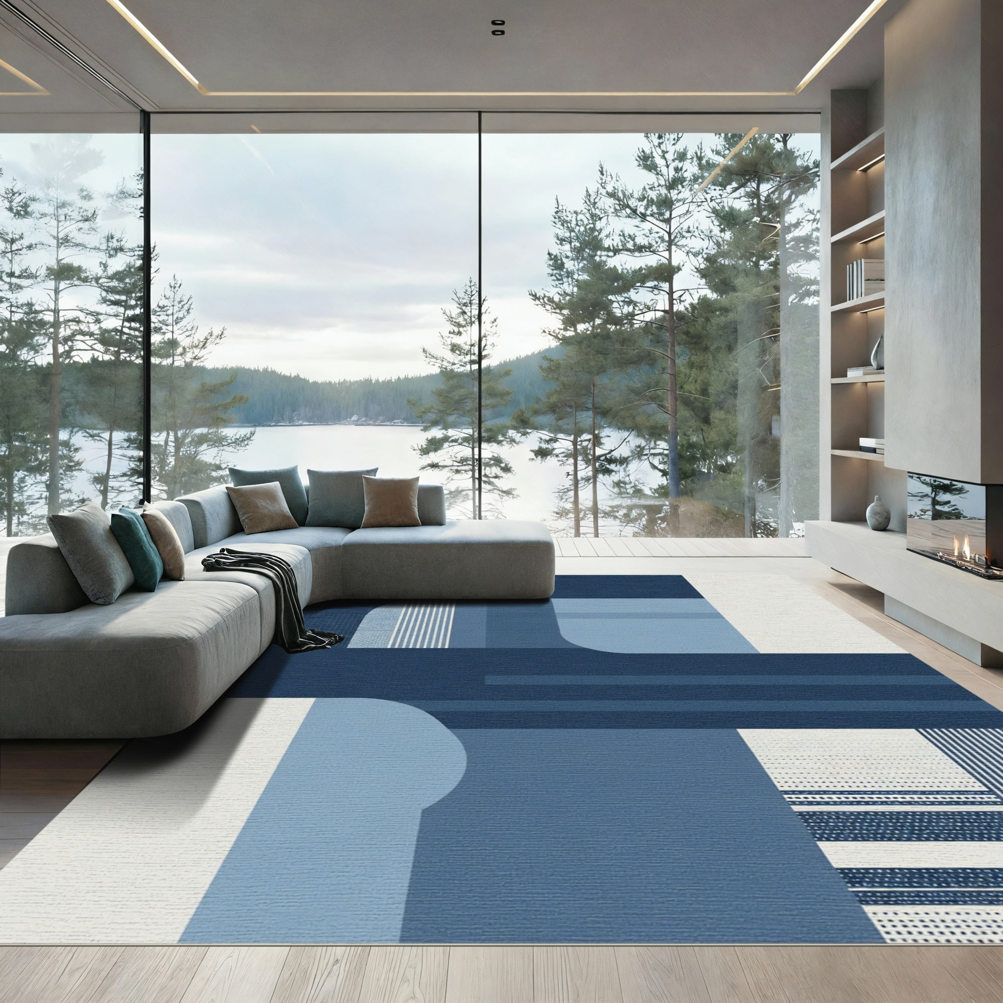 Deep Blue Abstract Geometric Blocks Rug